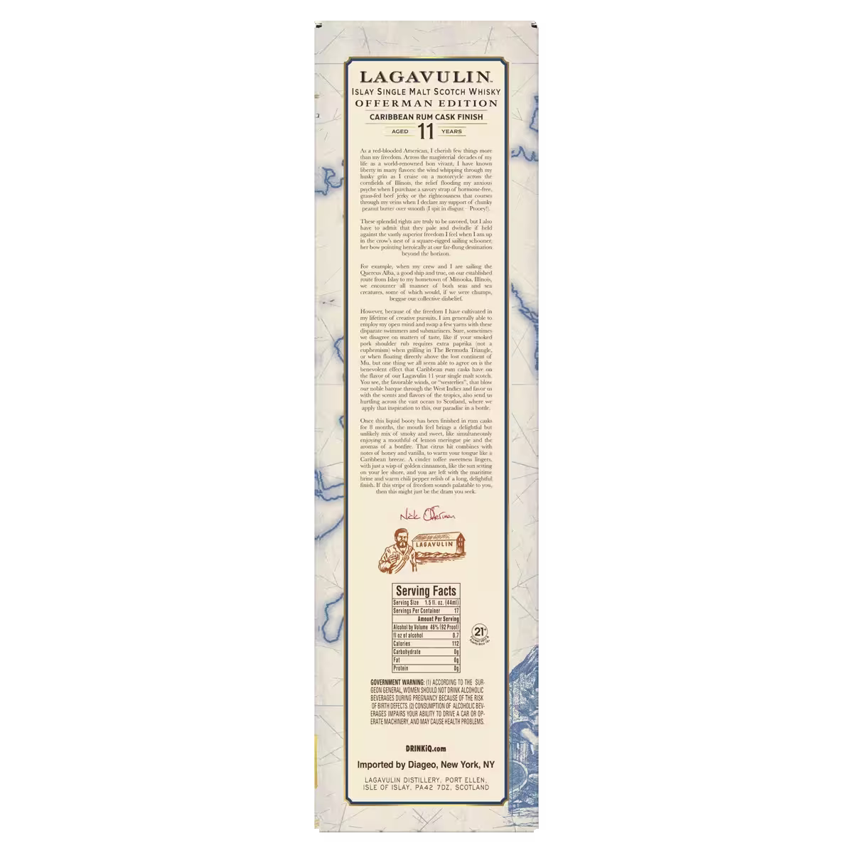Back of a Lagavulin 11 Year Old Islay Single Malt Scotch Whisky box, featuring product description, serving facts, and import information on a cream background with blue map details.