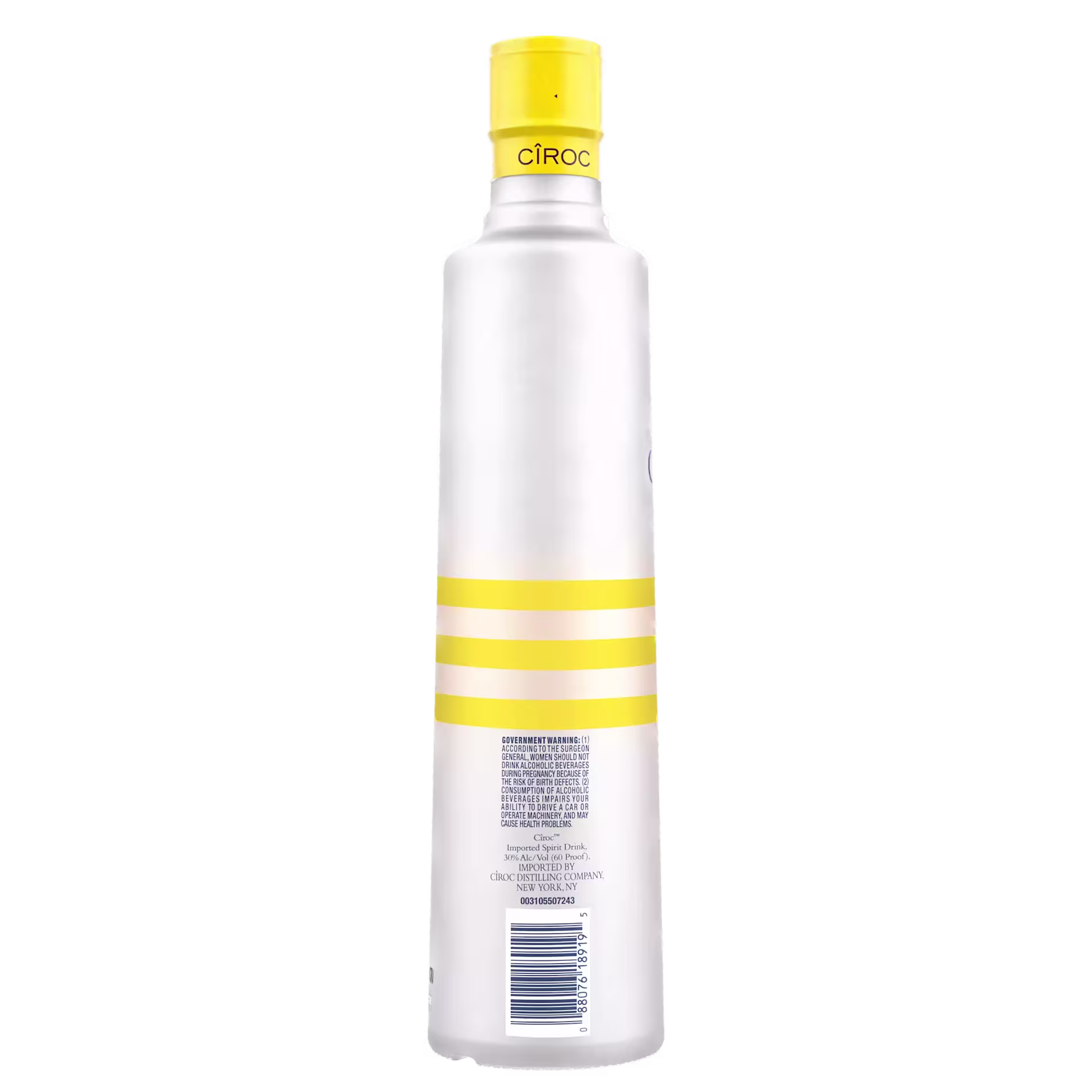 A white Ciroc vodka bottle with yellow stripes and a yellow cap, shown from the back with the product label and barcode visible.