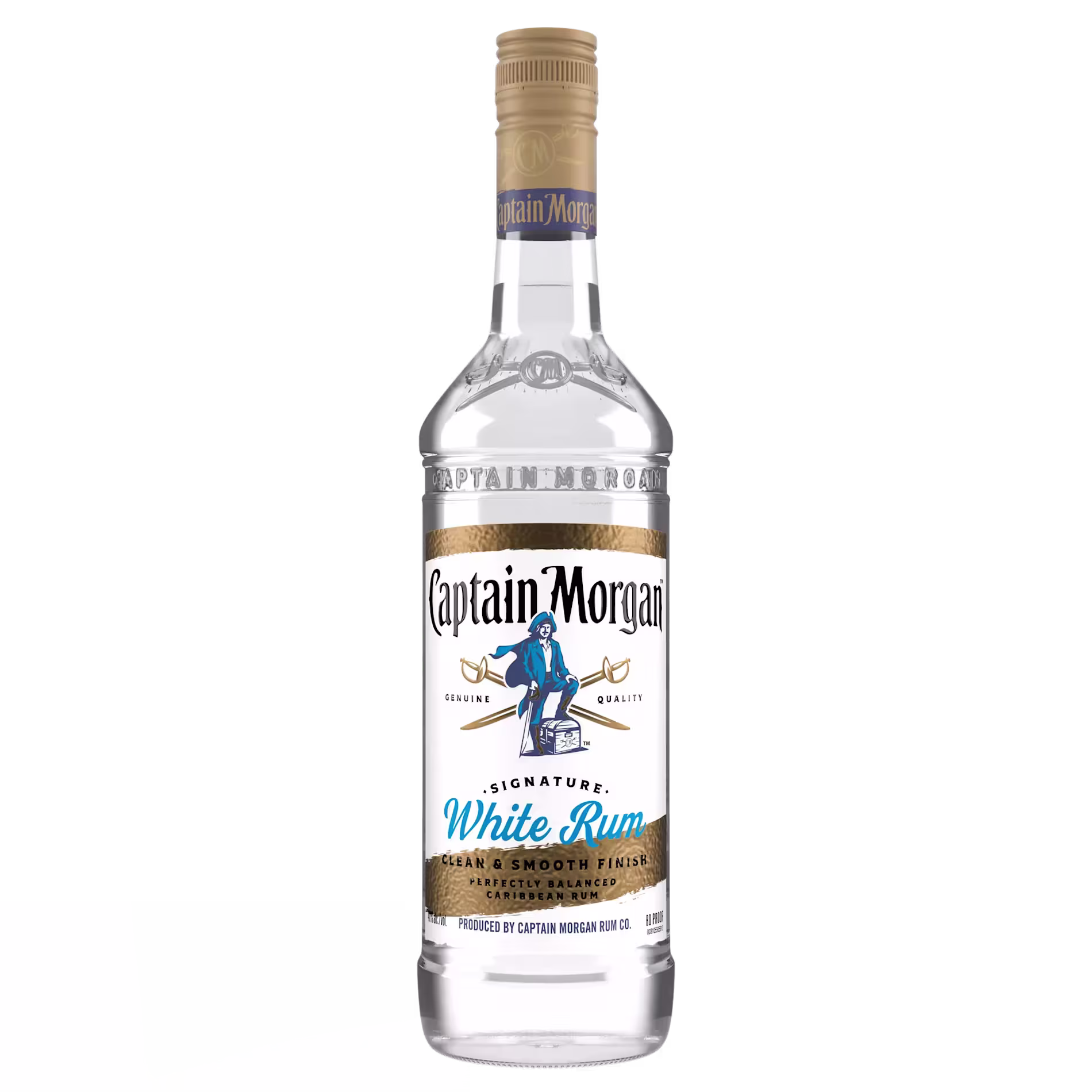 A clear bottle of Captain Morgan Signature White Rum with a blue and gold label and a gold cap on a white background.