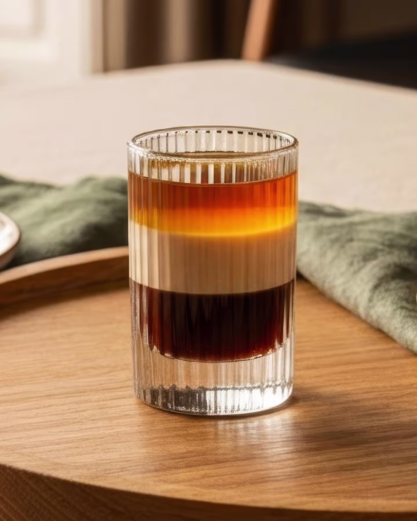 Un shot B52 într-un pahar cu 3 lichioruri distincte în straturi