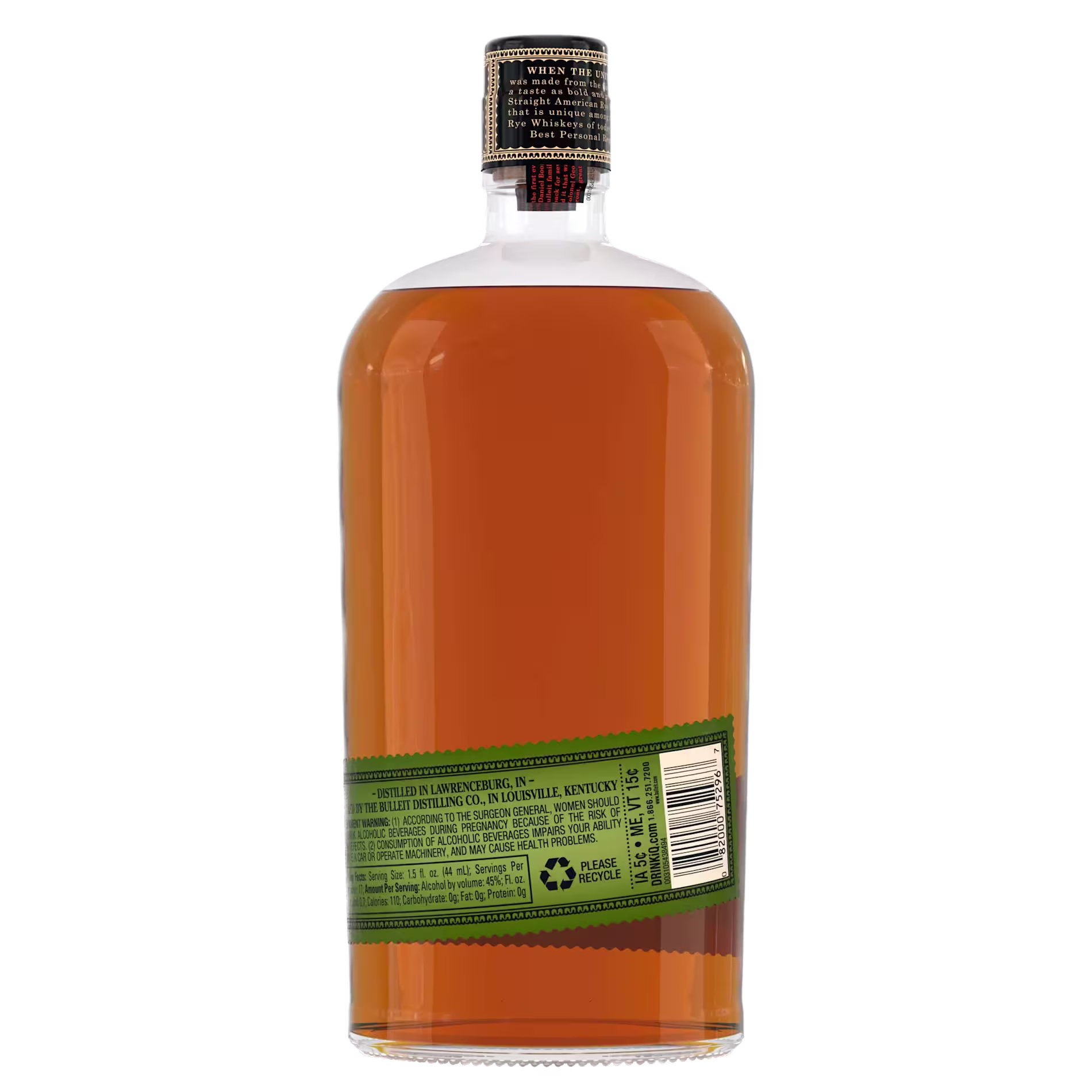 A bottle of whiskey shown from the back with a green label containing text and a barcode, and a black bottle cap.