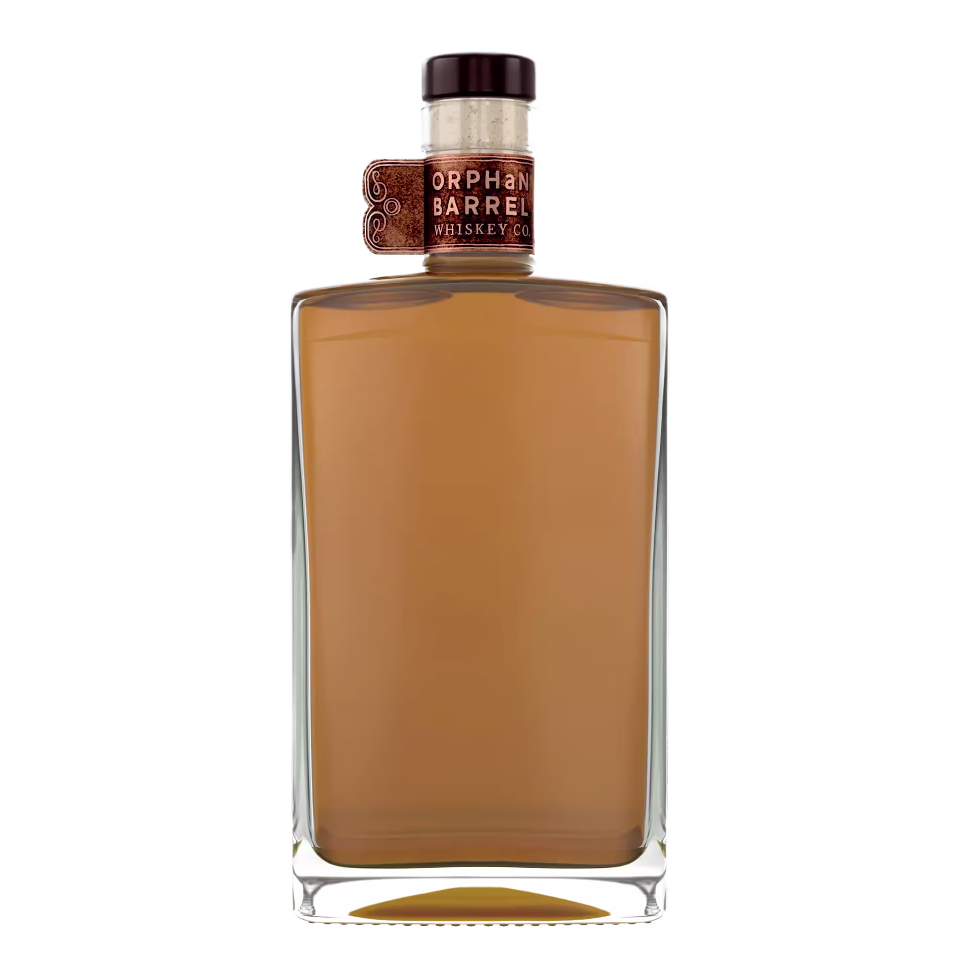 A clear glass bottle filled with amber-colored whiskey, labeled Orphan Barrel Whiskey Co. with a brown cap and a decorative neck label.