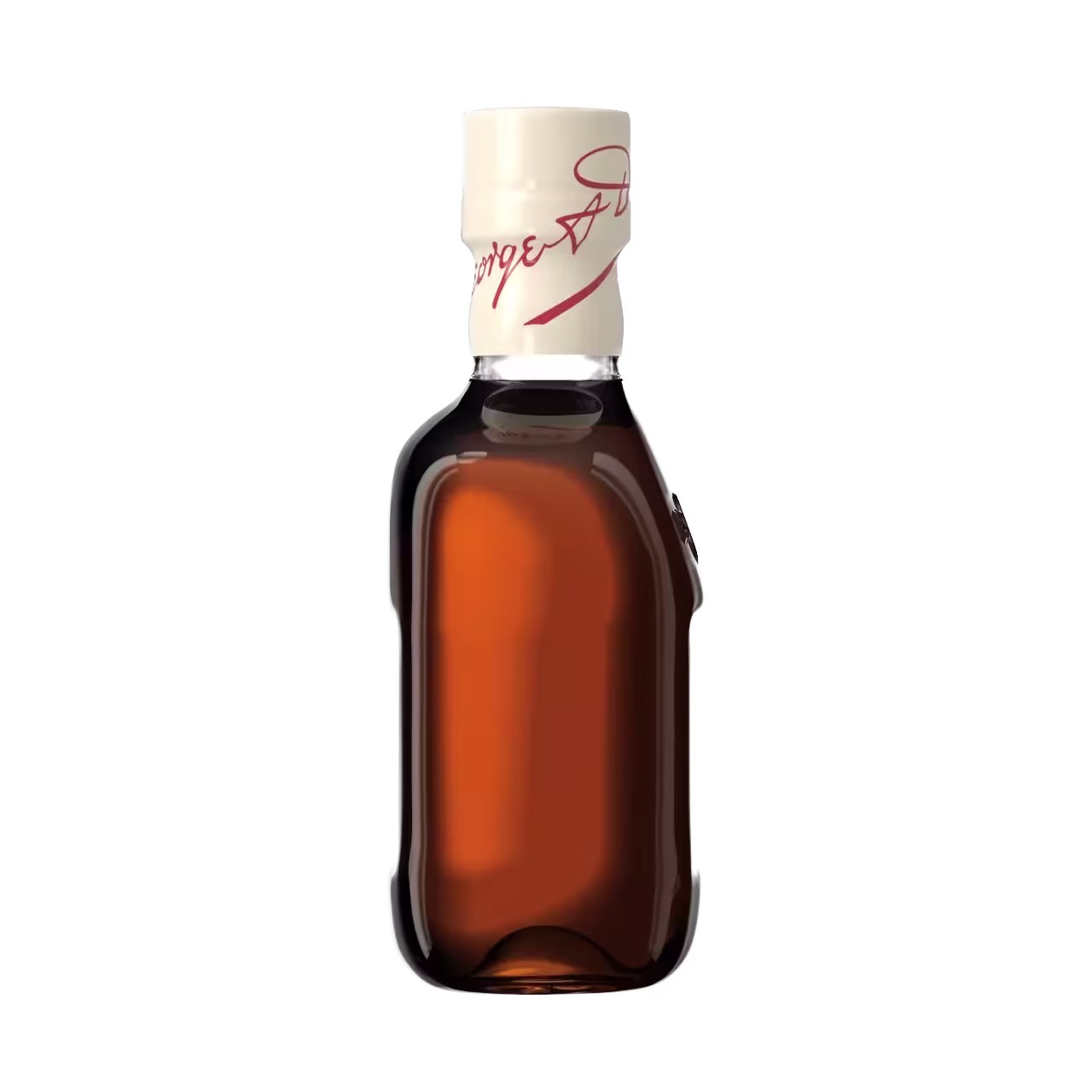 A clear glass bottle filled with brown liquid, sealed with a white cap featuring red writing, set against a black background.