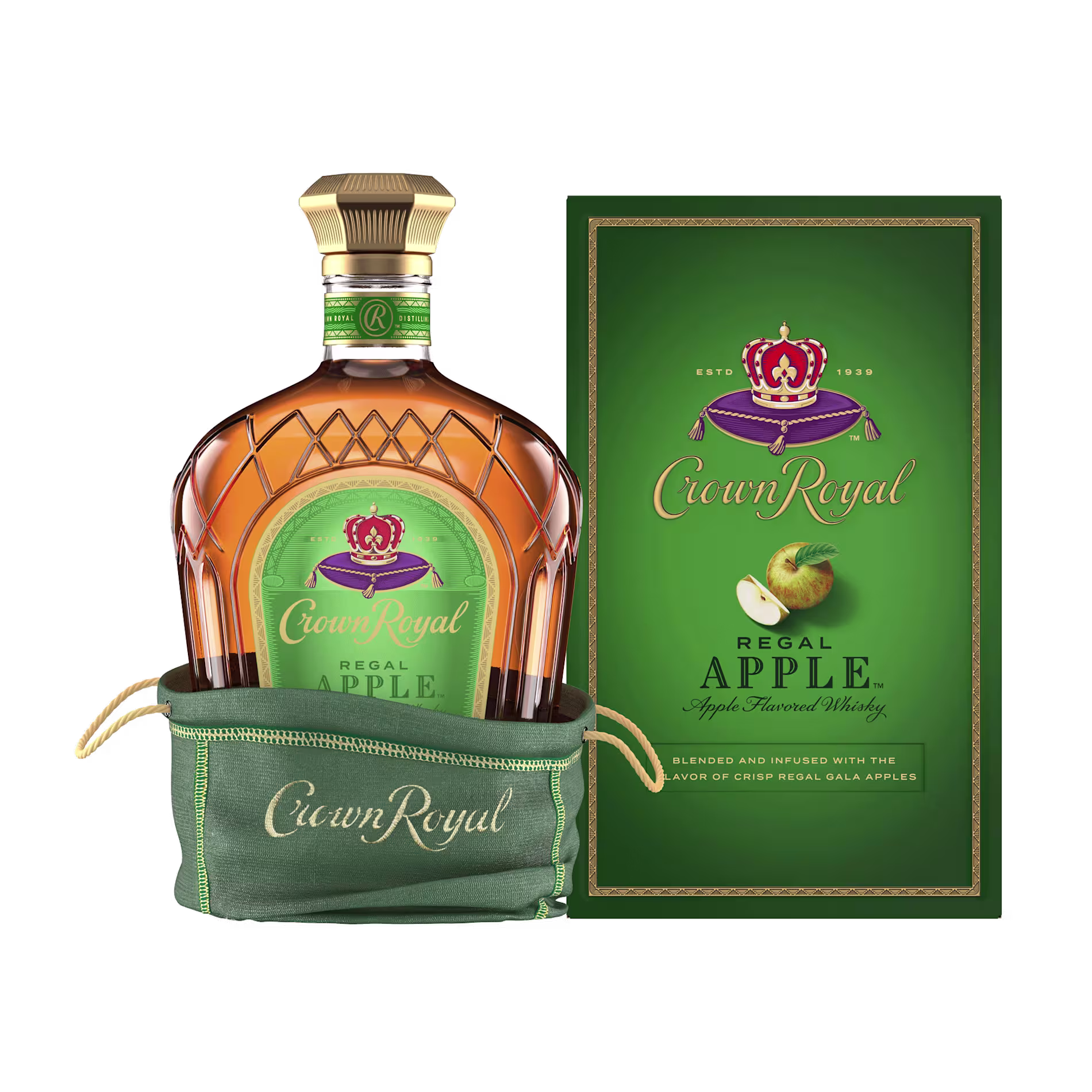A bottle of Crown Royal Regal Apple whisky in a green pouch, displayed next to its green and gold retail box featuring an apple graphic.