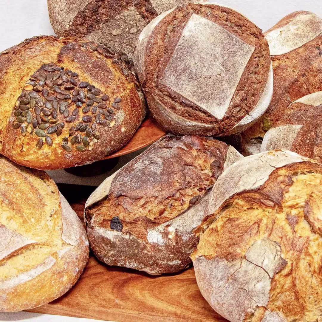 Variedad de panes artesanales con cortezas rústicas, algunos con semillas y otros de centeno, dispuestos sobre una tabla de madera en una composición cálida y natural.