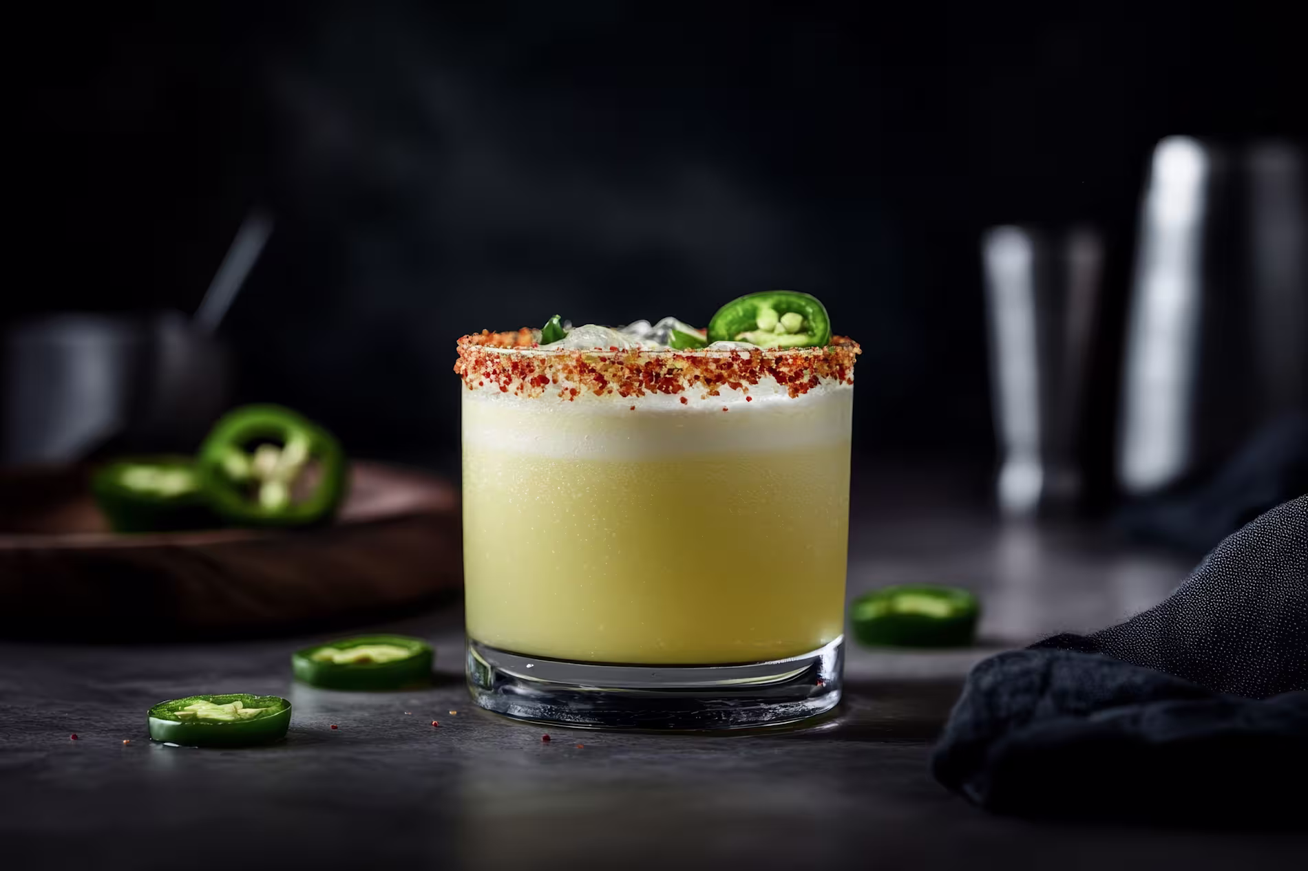 A yellow cocktail in a glass with a spiced rim, topped with foam and jalapeño slices, sits on a dark surface with more jalapeño slices nearby.