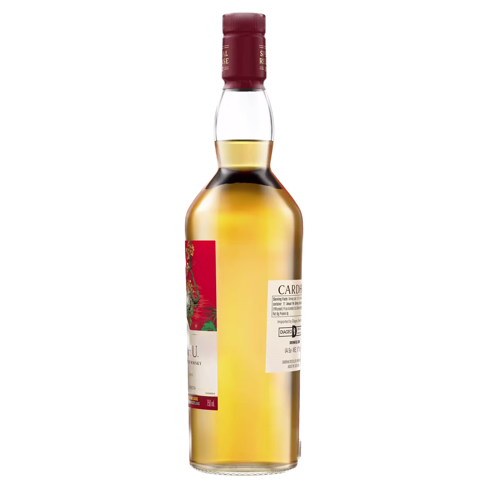 A bottle of Cardhu single malt Scotch whisky with a red and white label, shown from a rear side angle against a plain background.