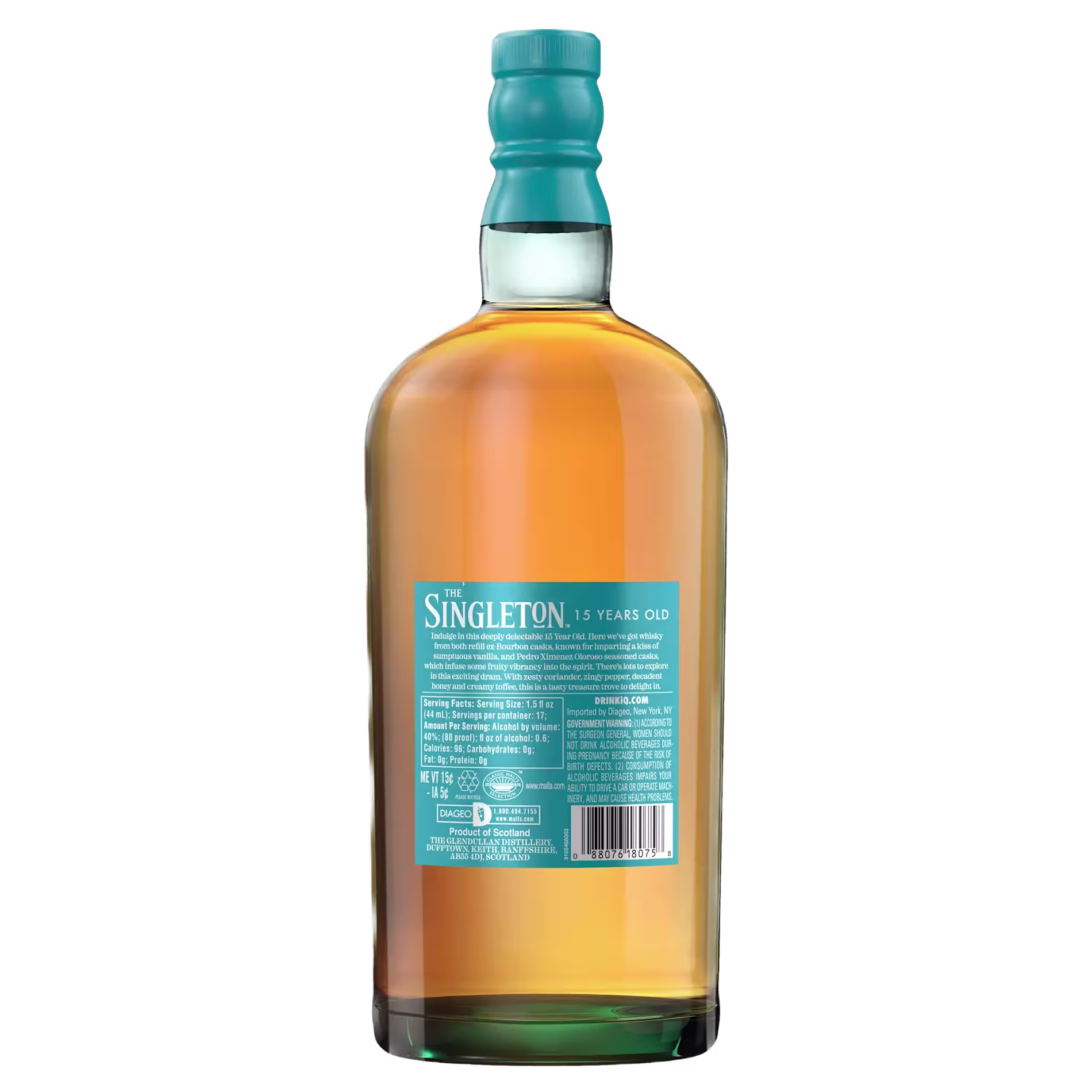 A bottle of The Singleton 15 Years Old single malt Scotch whisky, shown from the back with a teal label displaying product information.