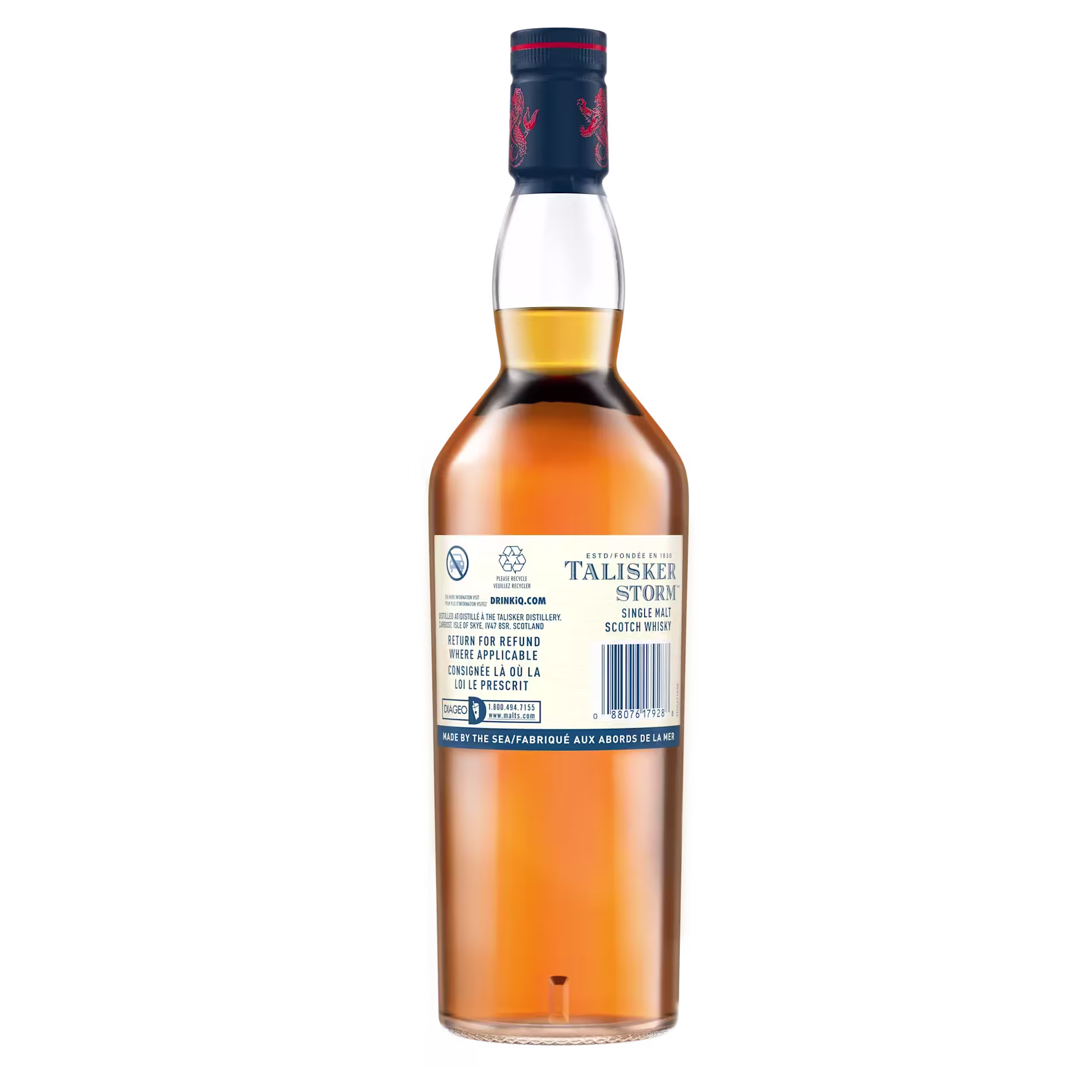 A bottle of Talisker Storm single malt Scotch whisky shown from the back with visible label details.