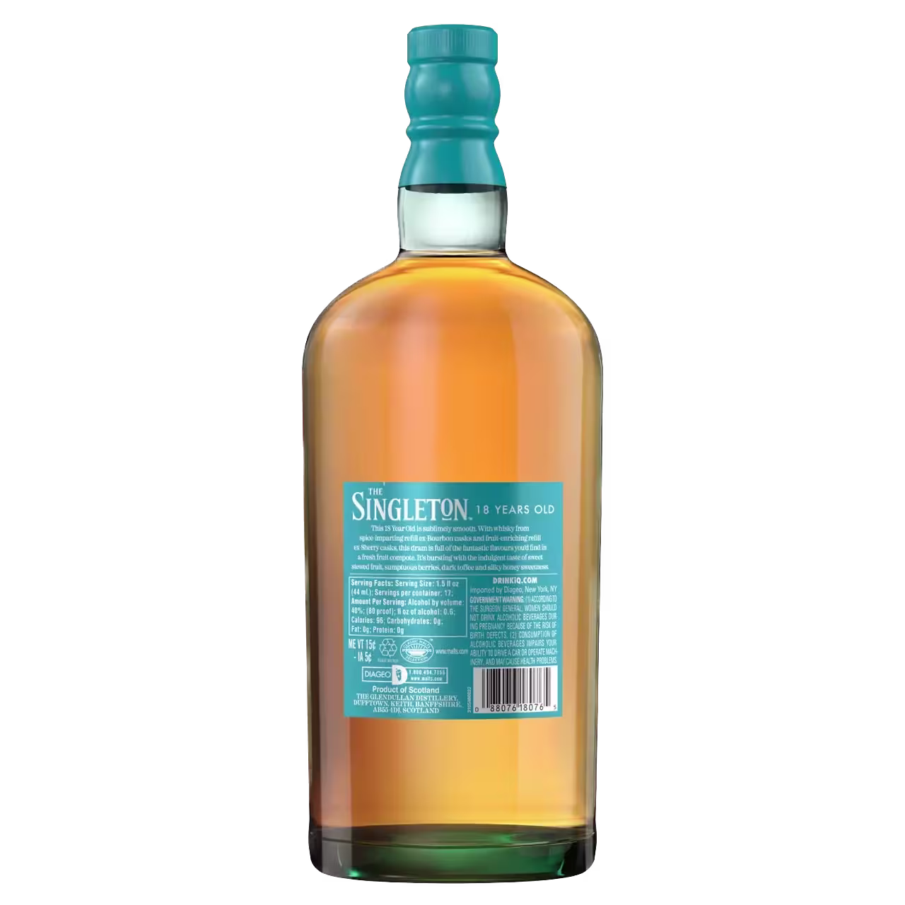 A bottle of Singleton 18 Years Old single malt Scotch whisky shown from the back, displaying the label with product information and a barcode.