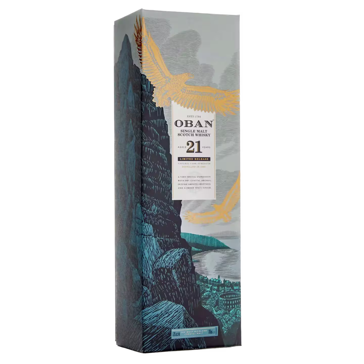 Oban 21 Year Old Single Malt Scotch Whisky box with illustrated cliffs, a coastal town, sea, and two golden birds in flight.