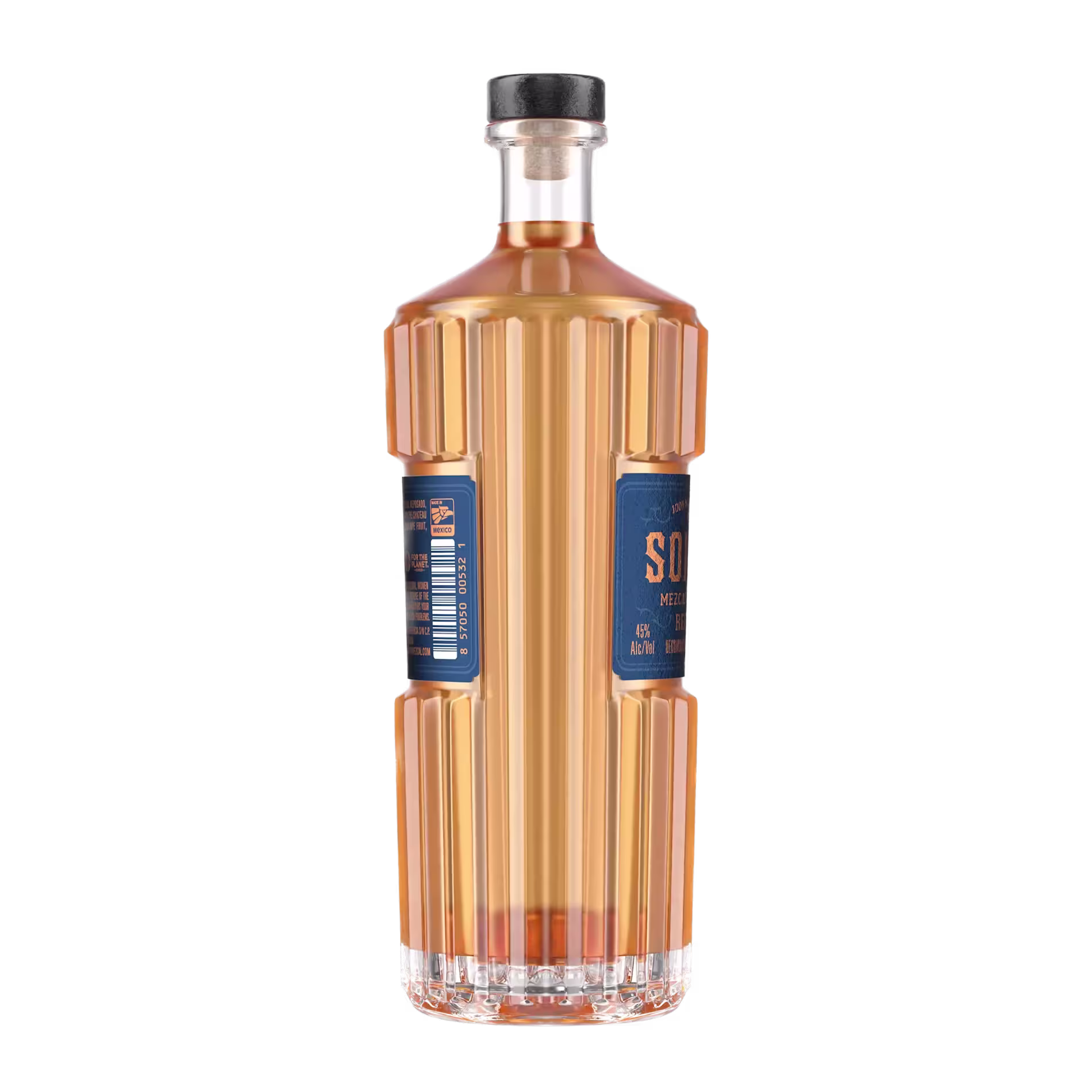 A tall, ribbed glass bottle with amber liquid, dark cap, and a blue label featuring a barcode and text.