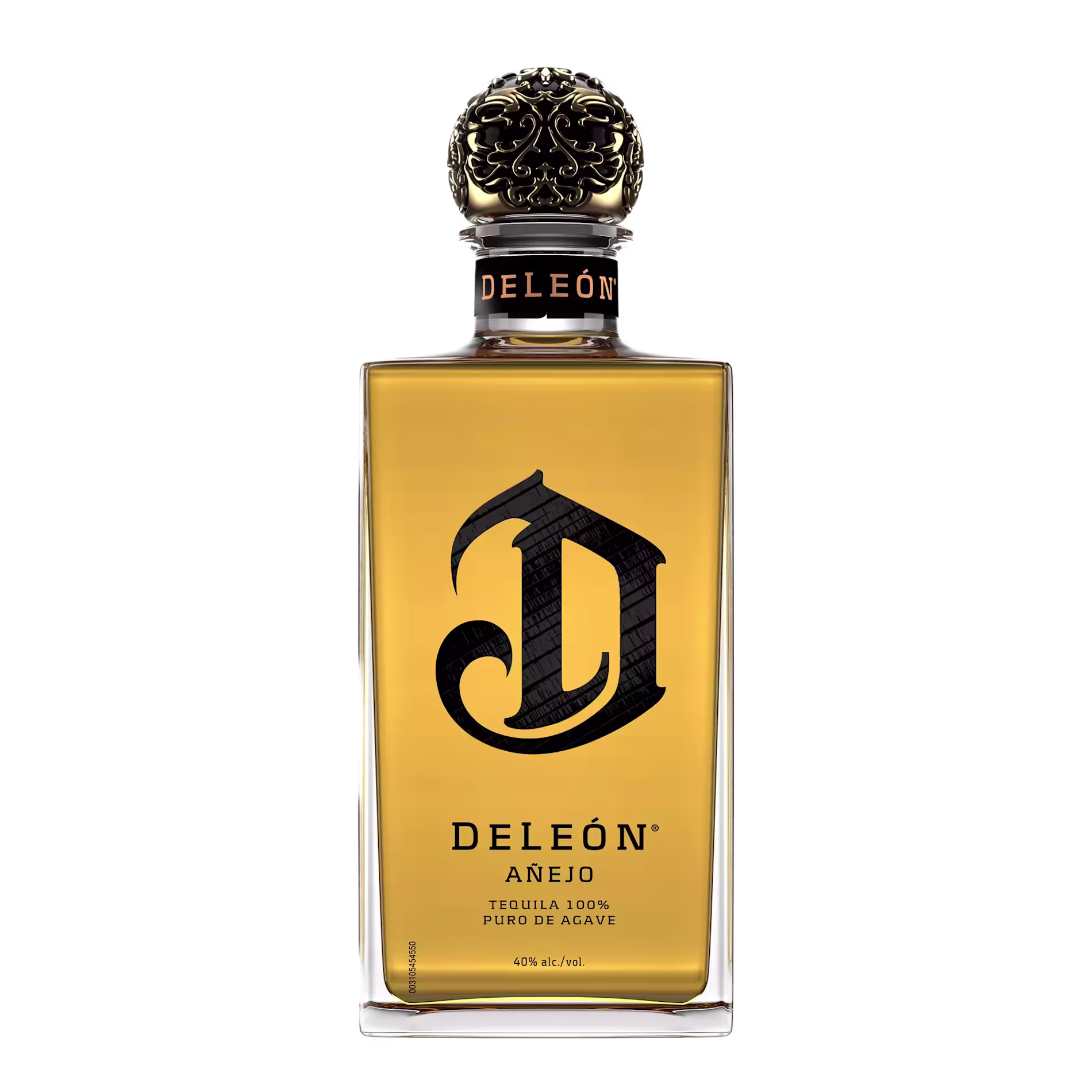 A rectangular bottle of Deleón Añejo tequila with a gold cap and ornate design, containing amber liquid and labeled Tequila 100% Puro de Agave.