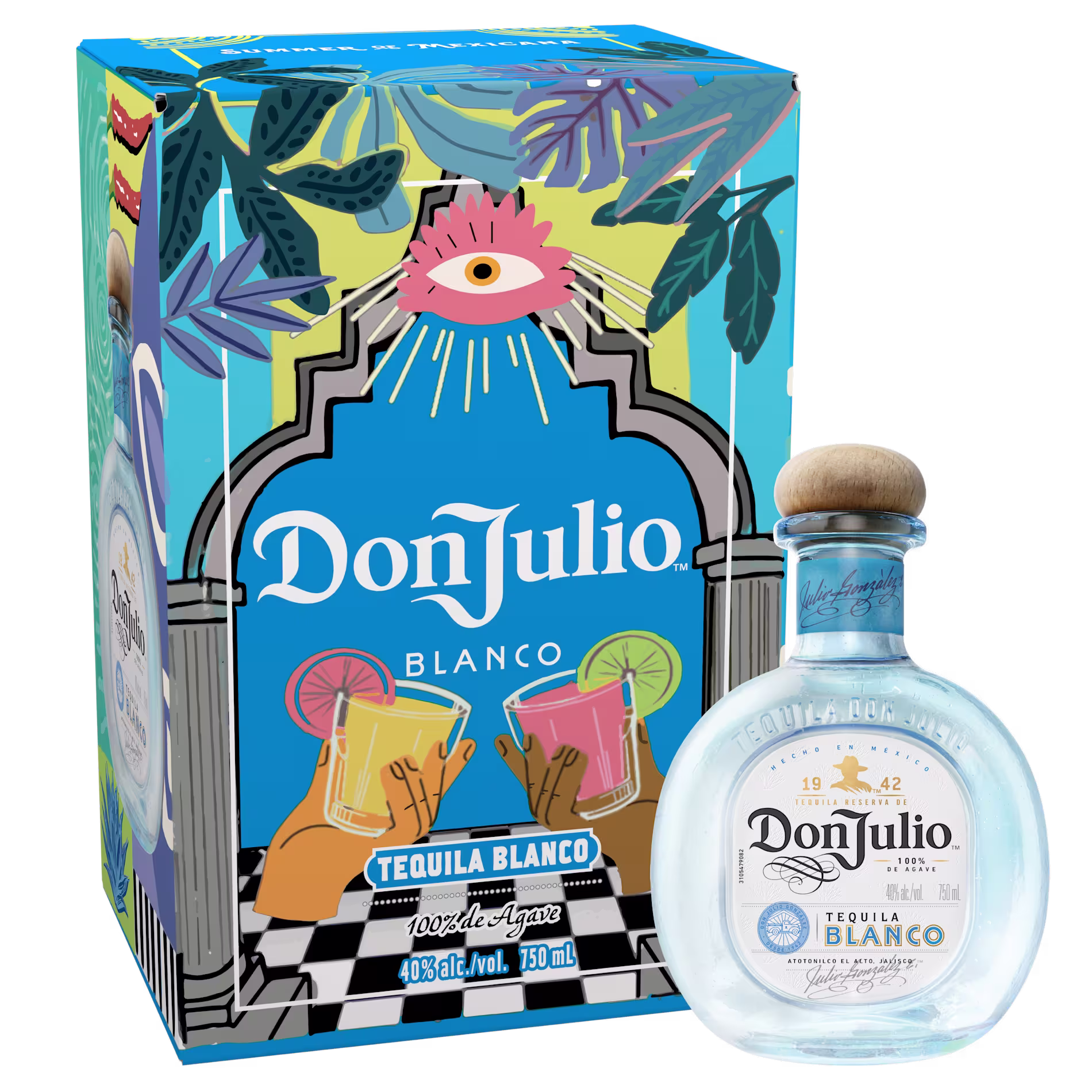 A bottle of Don Julio Blanco Tequila is displayed next to its colorful box packaging featuring stylized illustrations of leaves, hands holding cocktails, and a prominent all-seeing eye.