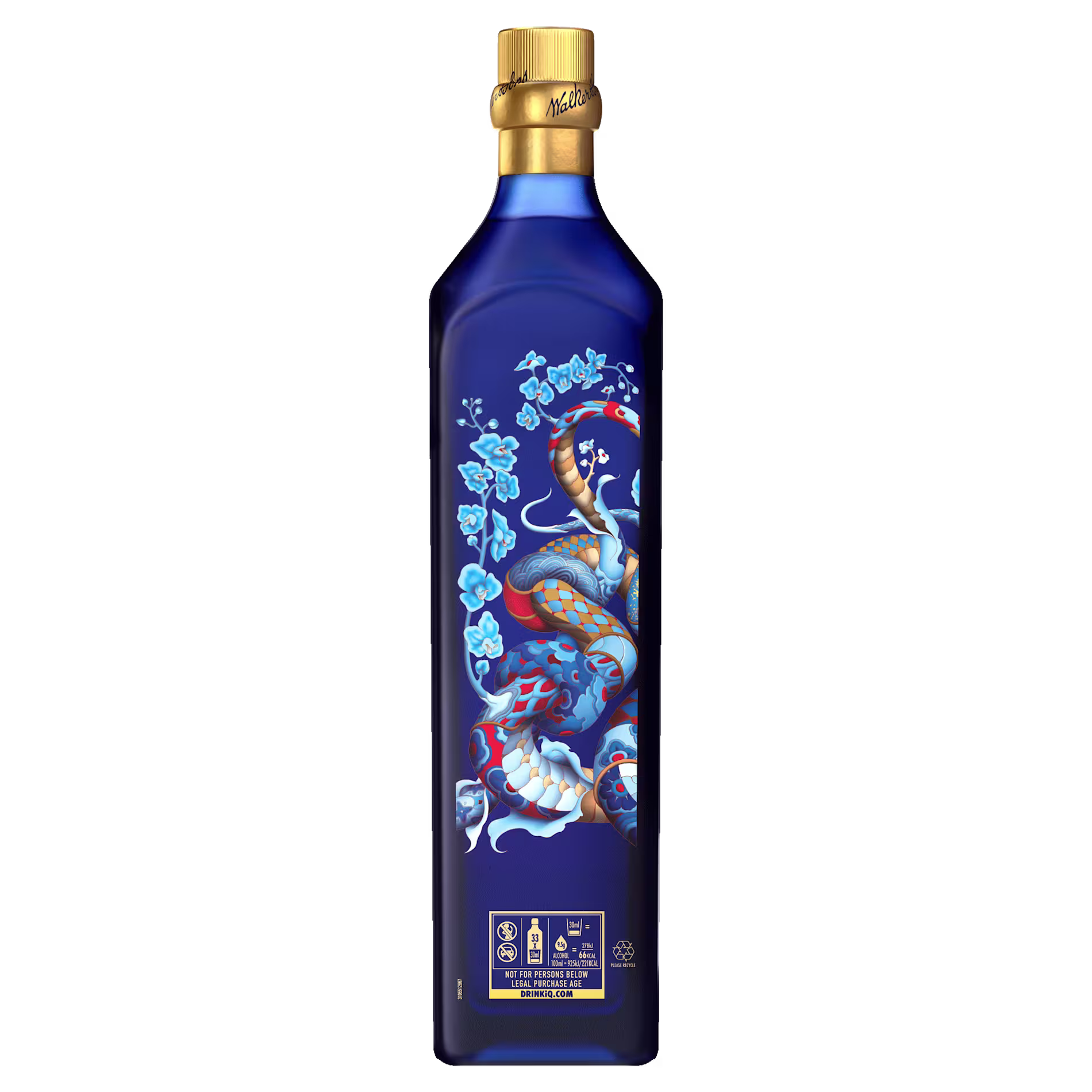 A blue bottle with a gold cap featuring an intricate illustration of a mermaid surrounded by blue flowers and ocean elements on its front label.
