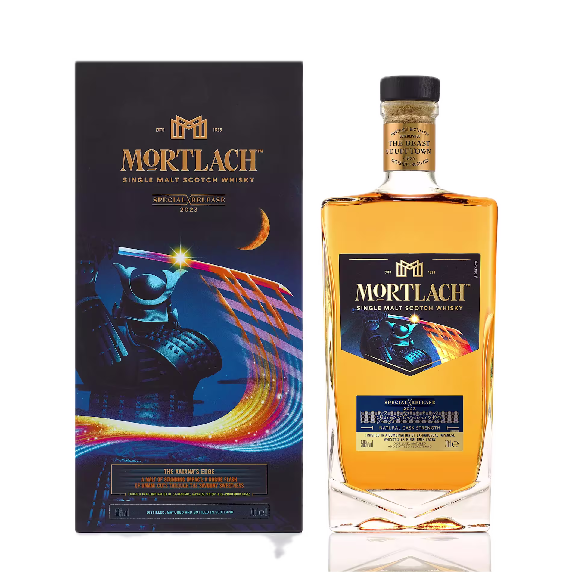 Mortlach Special Release 2023 single malt Scotch whisky bottle and box, featuring a blue samurai and colorful streaks on the packaging.