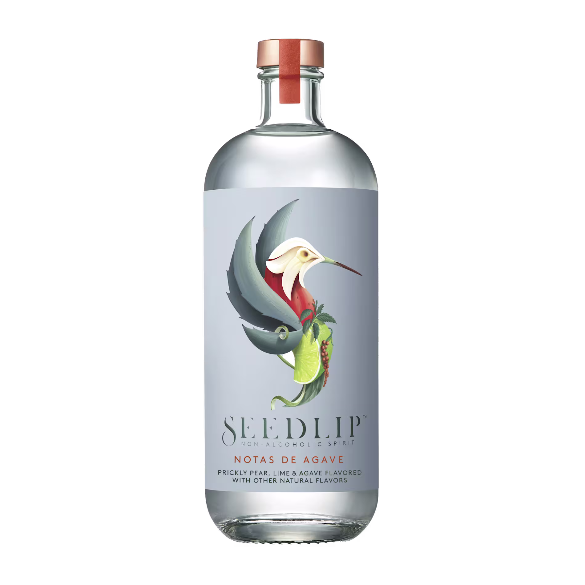 A clear glass bottle of Seedlip Notas de Agave non-alcoholic spirit with a gray label featuring a colorful bird and plant illustration.