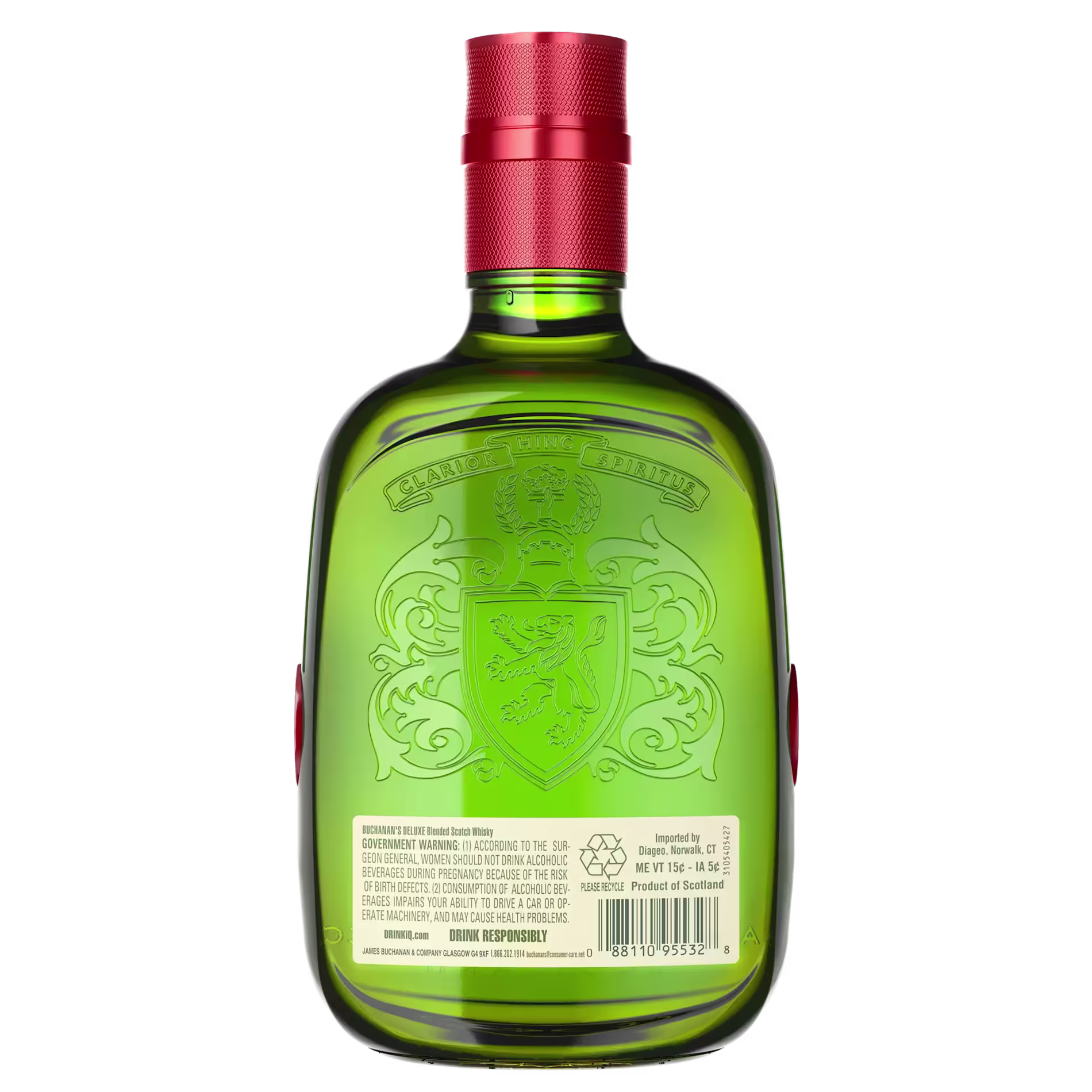 A green bottle with a red cap, embossed crest, and a white label with product and barcode information on the back.