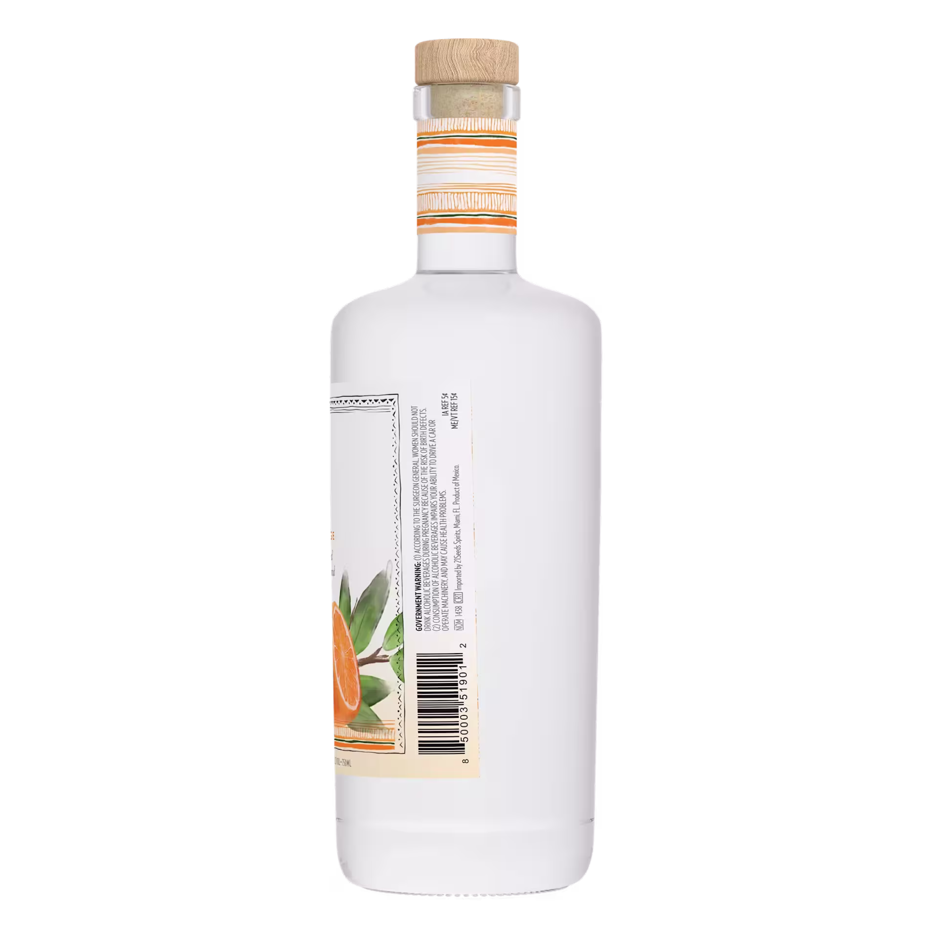A white bottle with an orange-striped neck label, a wooden cap, and a partial orange fruit illustration on the lower left side. The back label with barcode and text is visible.