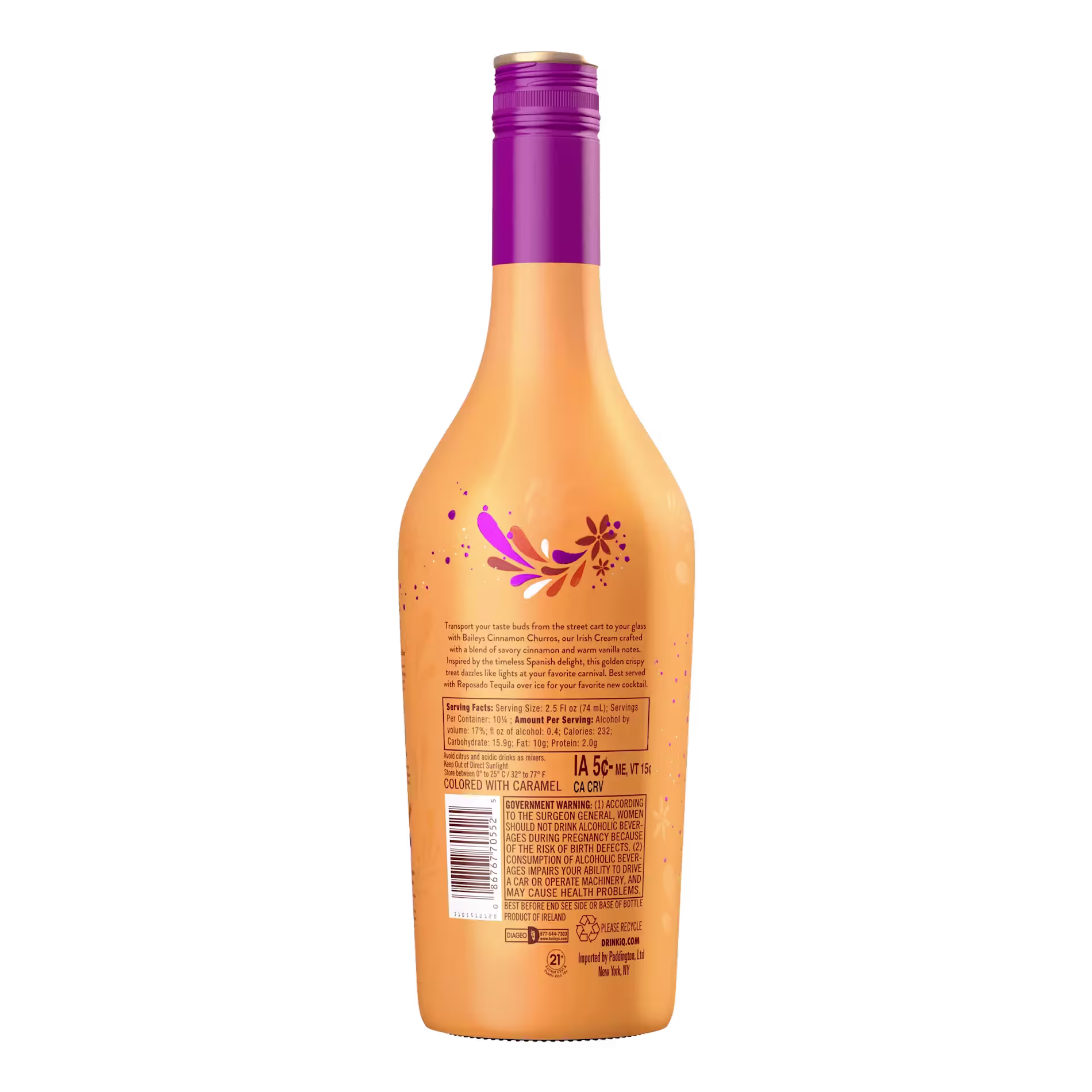 A bottle with a purple cap and an orange body featuring a floral design and a barcode on the back label.