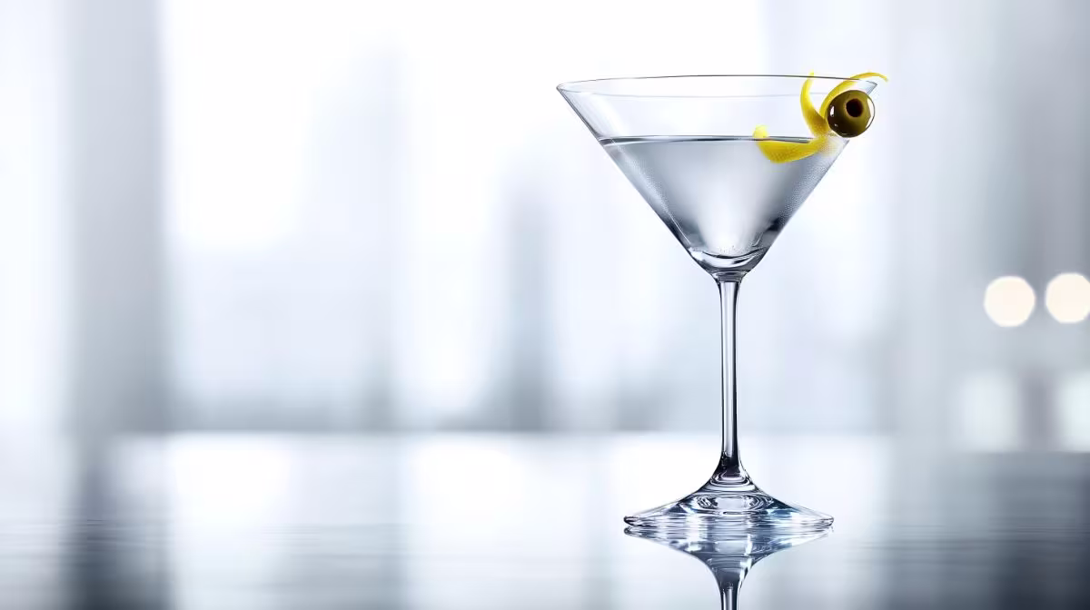 A clear martini in a stemmed glass garnished with a lemon twist and olive, placed on a reflective surface with a blurred background.