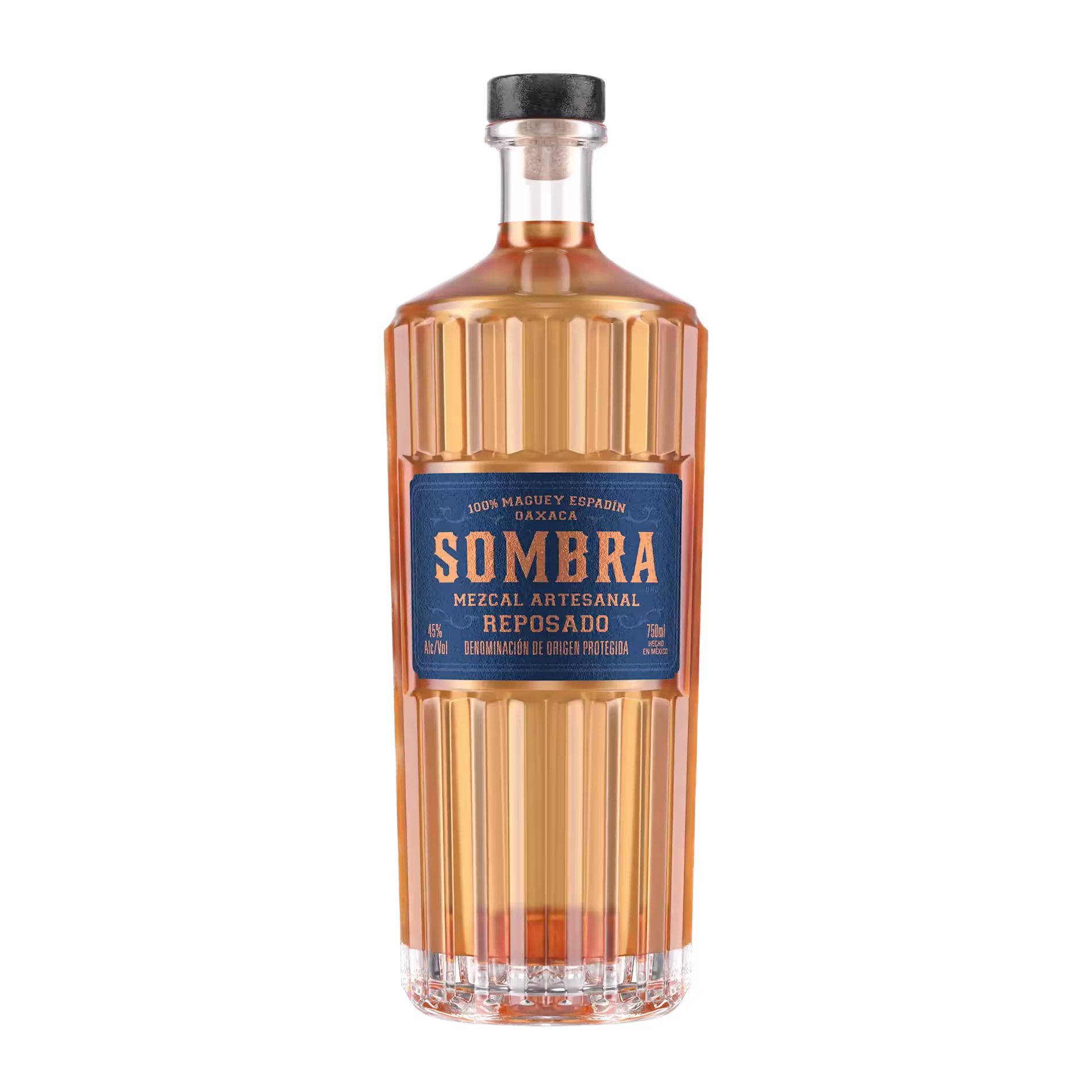 A bottle of Sombra Mezcal Artesanal Reposado with a blue label, featuring ribbed glass and amber-colored liquid, standing upright against a white background.