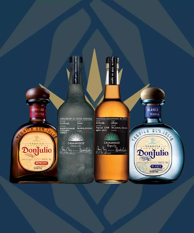 Four tequila bottles—two Don Julio and two Casamigos—are displayed side by side against a blue background with a geometric pattern.