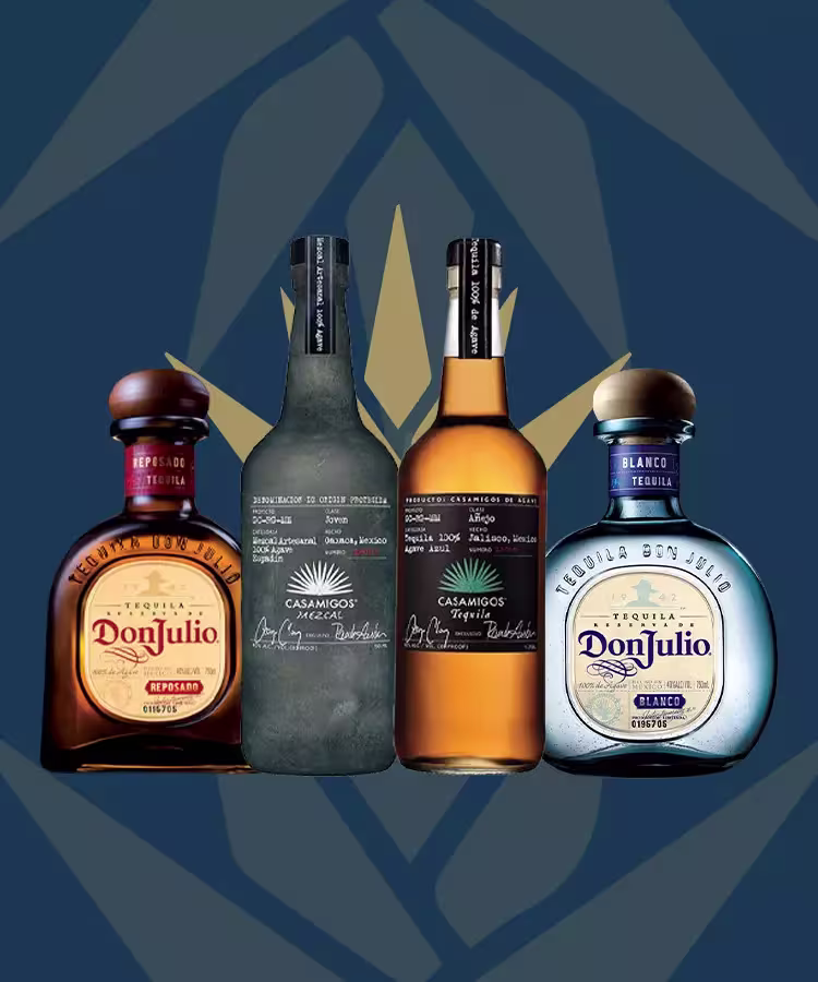Four tequila bottles—two Don Julio and two Casamigos—are displayed side by side against a blue background with a geometric pattern.