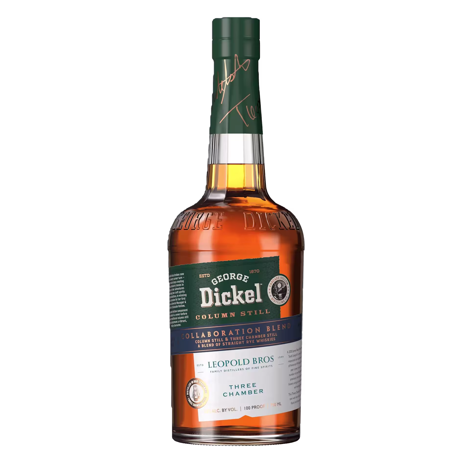 A bottle of George Dickel Collaboration Blend whiskey, featuring a green and white label and a gold-capped top.