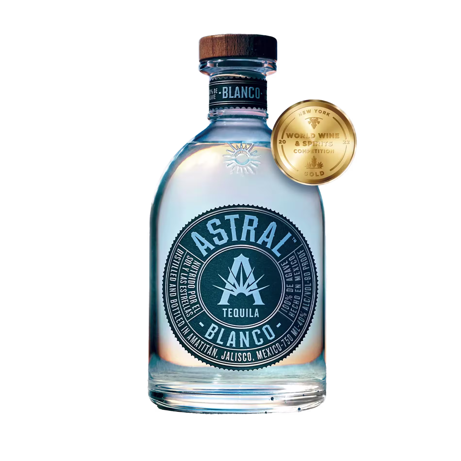 A bottle of Astral Tequila Blanco with a wooden cap and a gold award medal attached to the neck, featuring bold branding on the front label.