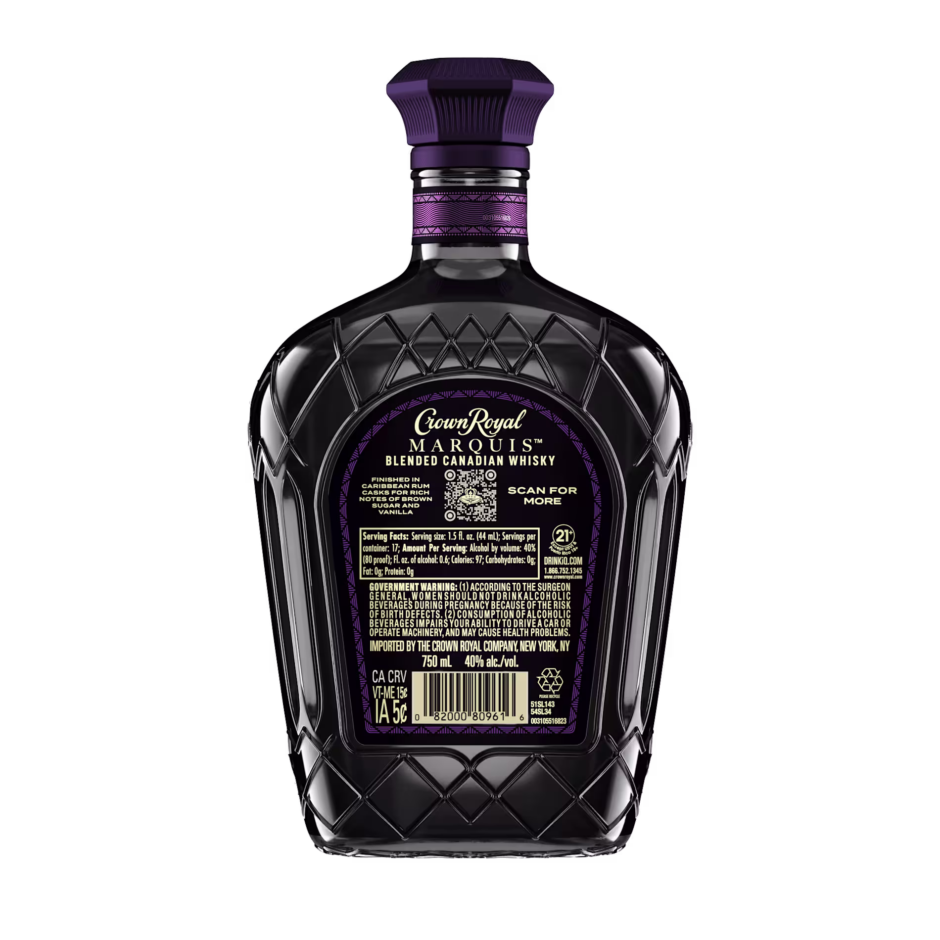 Rear view of a Crown Royal Marquis whisky bottle with a purple cap, featuring product details, a barcode, and recycling symbols on the label.