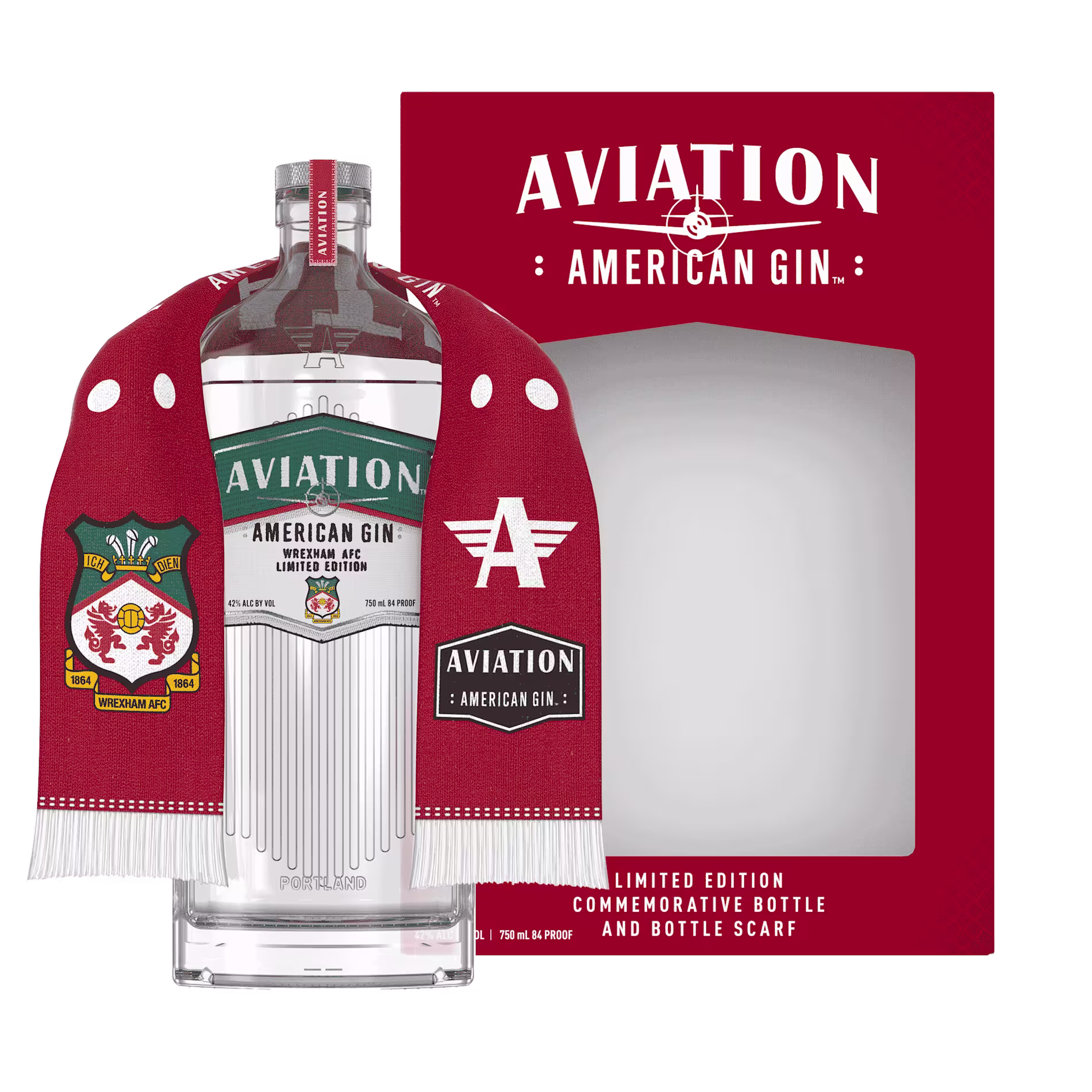 Aviation American Gin limited edition bottle with a red and white Wrexham AFC scarf, next to red commemorative packaging.