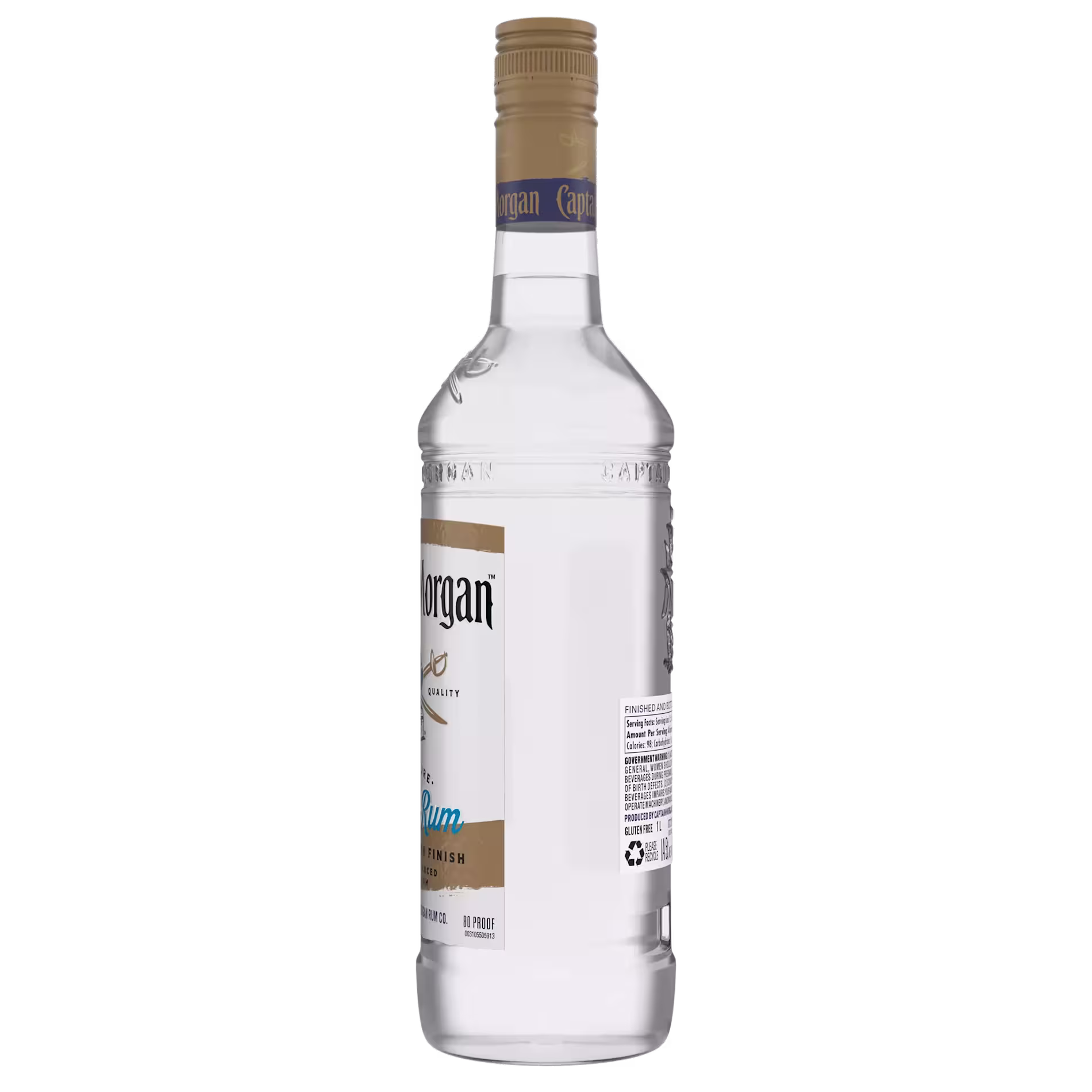 A clear glass bottle of Captain Morgan White Rum with a gold cap and partially visible label, shown against a plain black background.