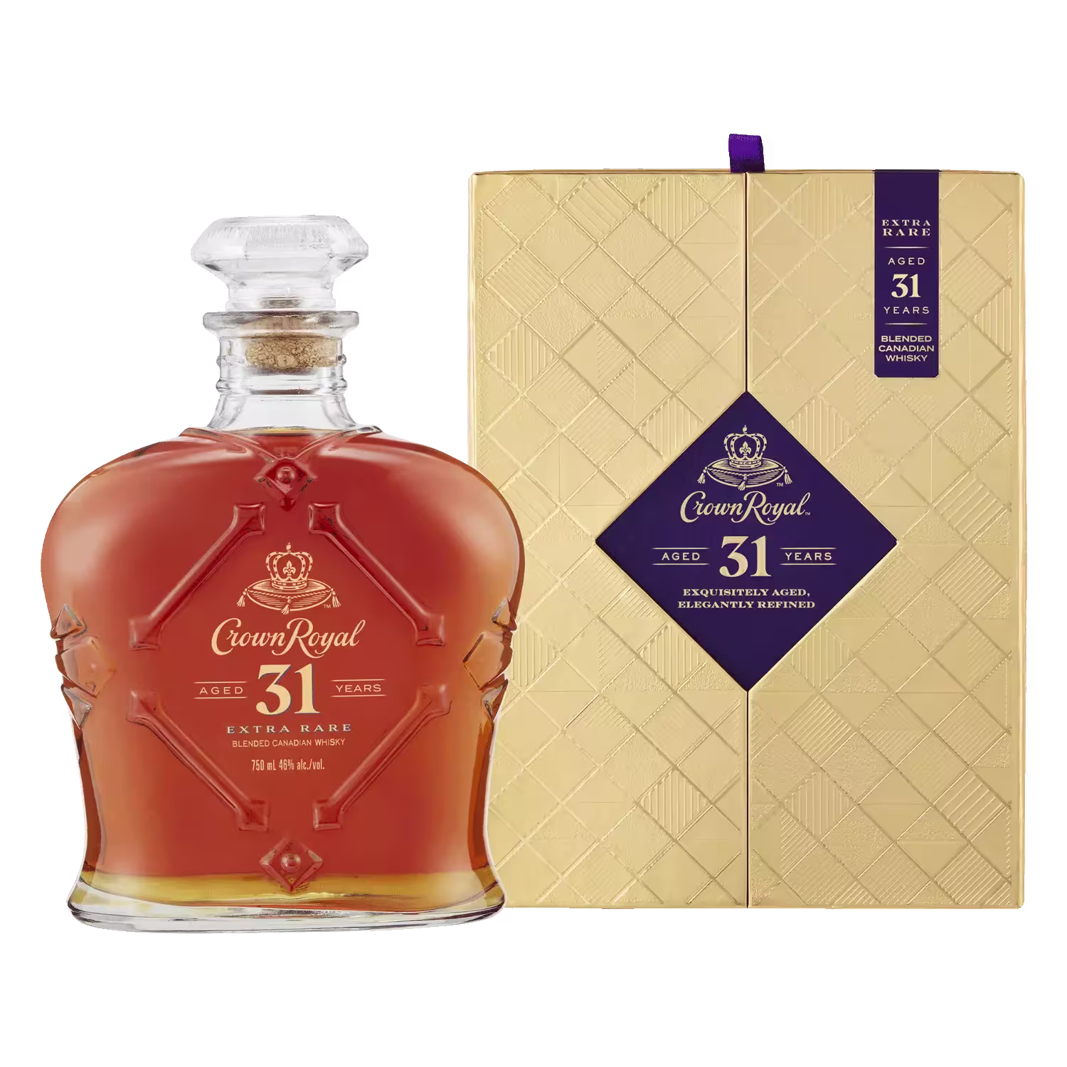 A bottle of Crown Royal 31 Year Old Extra Rare Canadian Whisky is displayed next to its gold-colored box with purple accents.