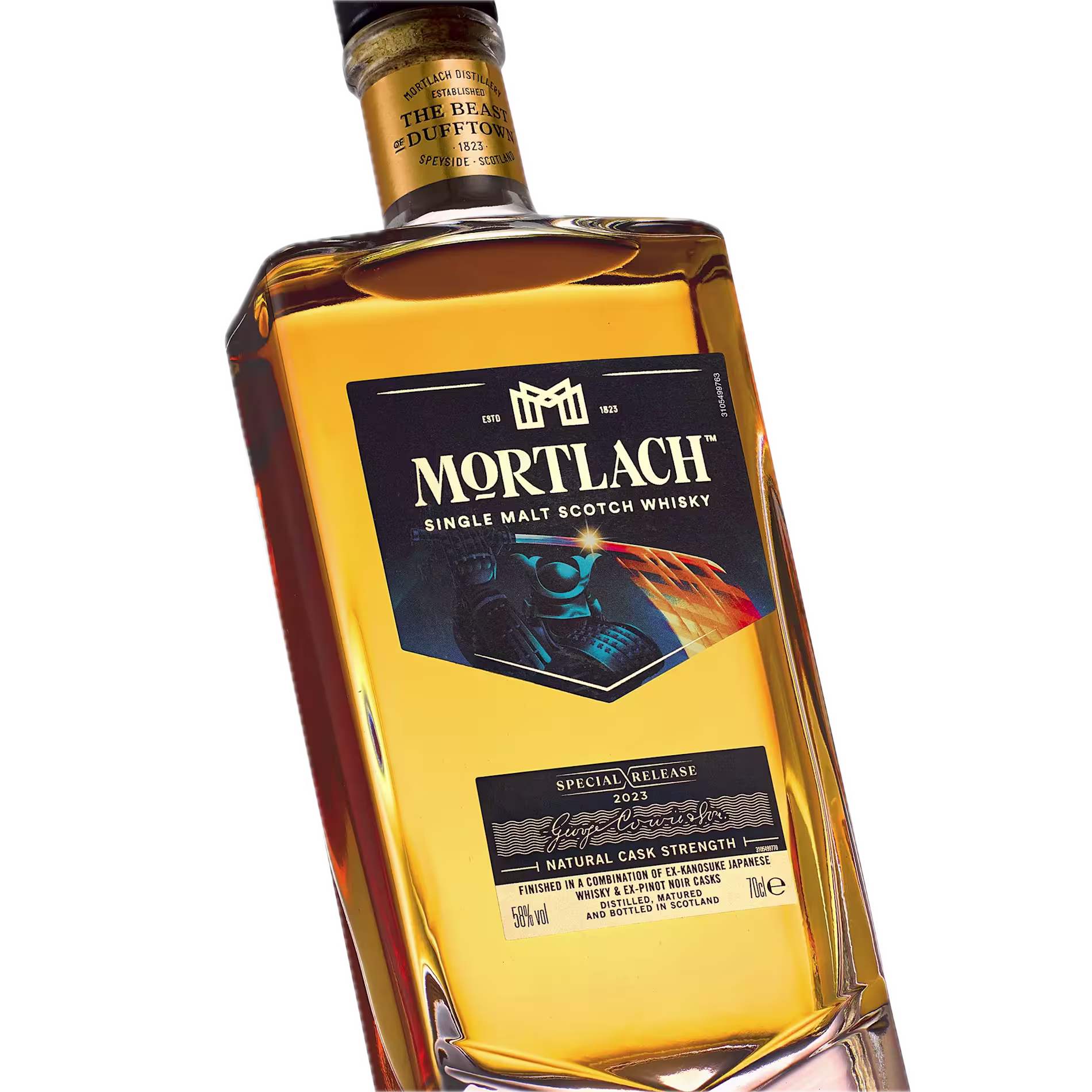 A bottle of Mortlach Single Malt Scotch Whisky Special Release 2023, featuring a gold label with blue and orange design elements.