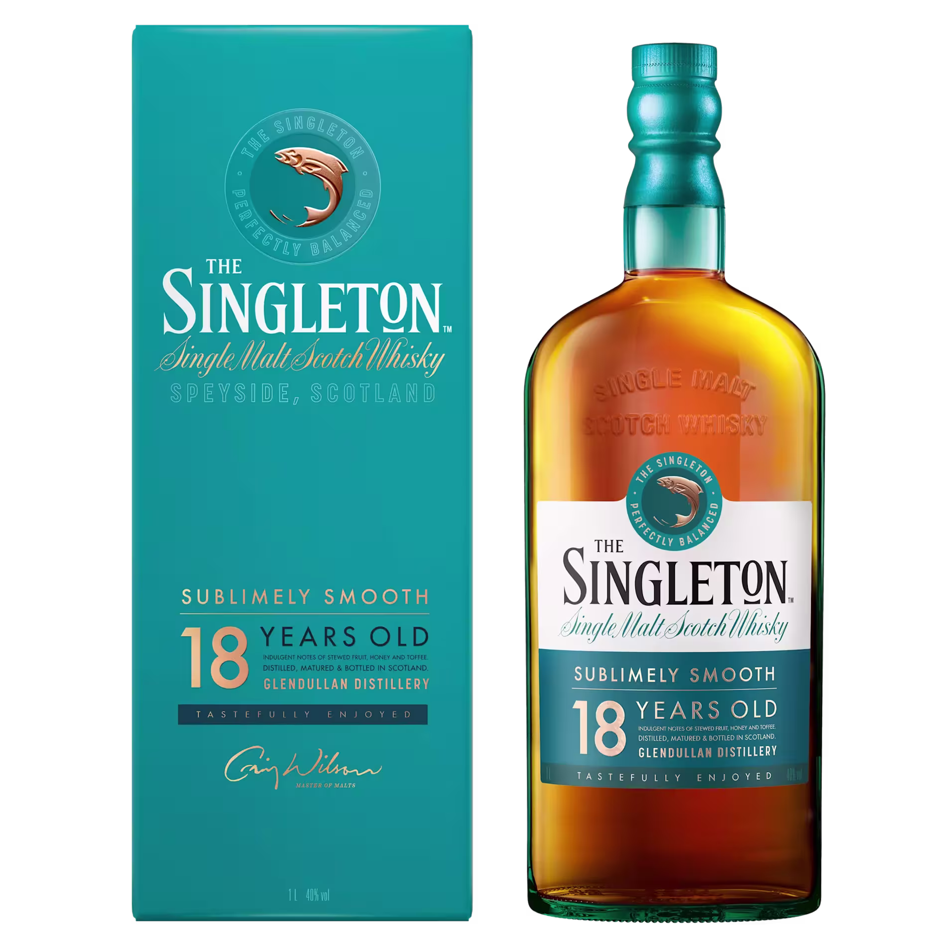 A bottle of The Singleton 18 Years Old Single Malt Scotch Whisky stands next to its matching teal box, both labeled Sublimely Smooth from Glendullan Distillery.