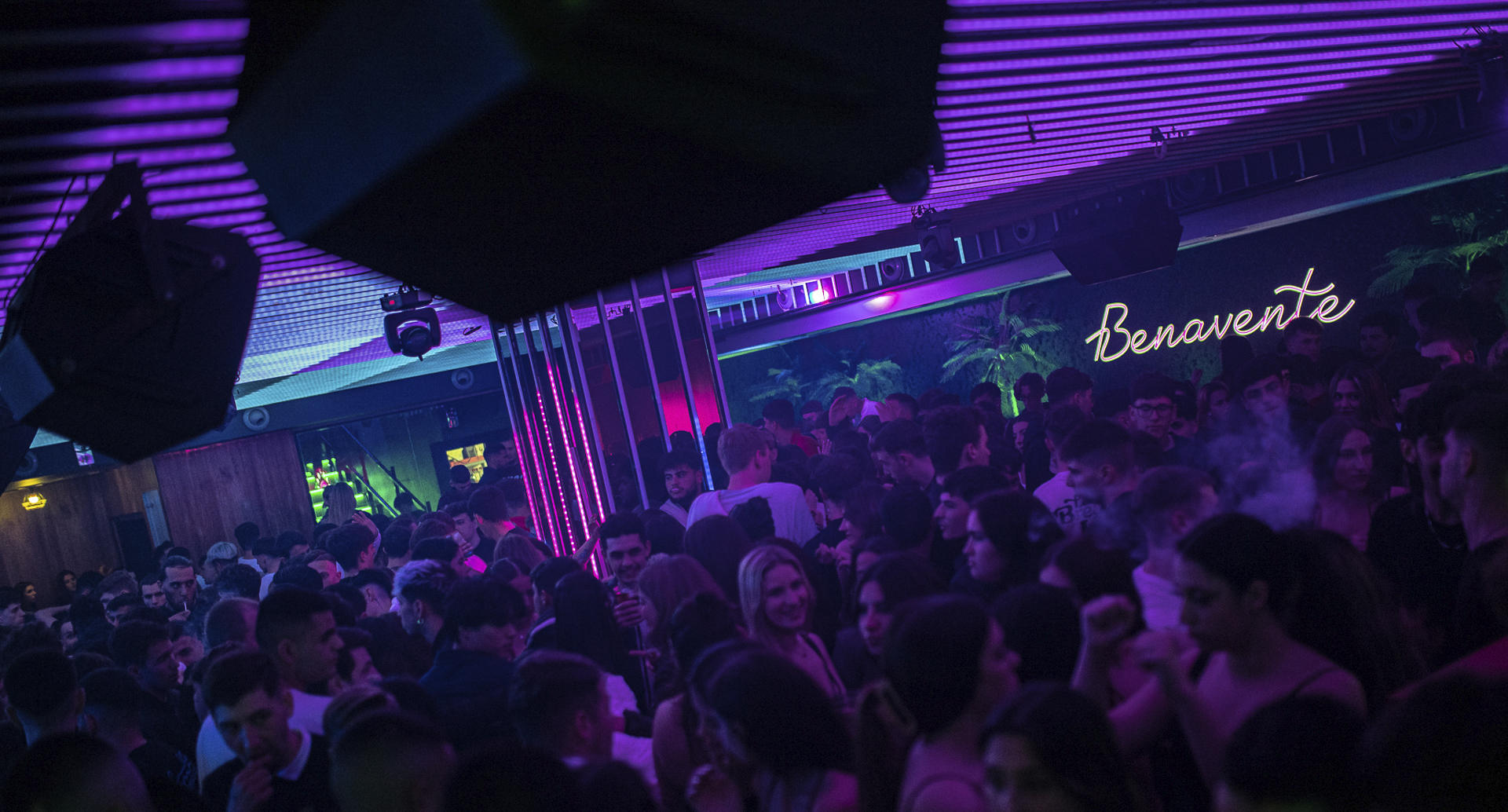 Ambiente nocturno en Benavente con iluminación violeta, multitud disfrutando y decoración moderna con estilo tropical.