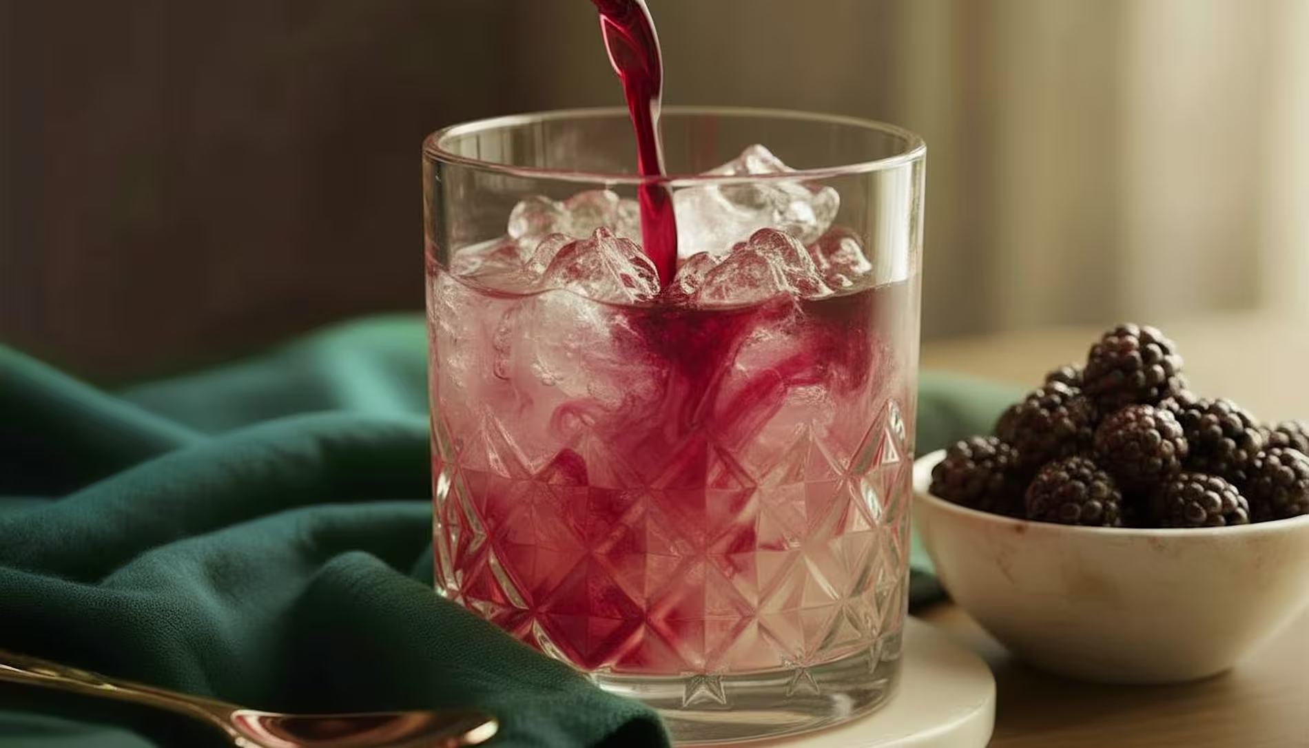 A dark red liquid is poured into a rocks glass containing ice and a light yellow liquid