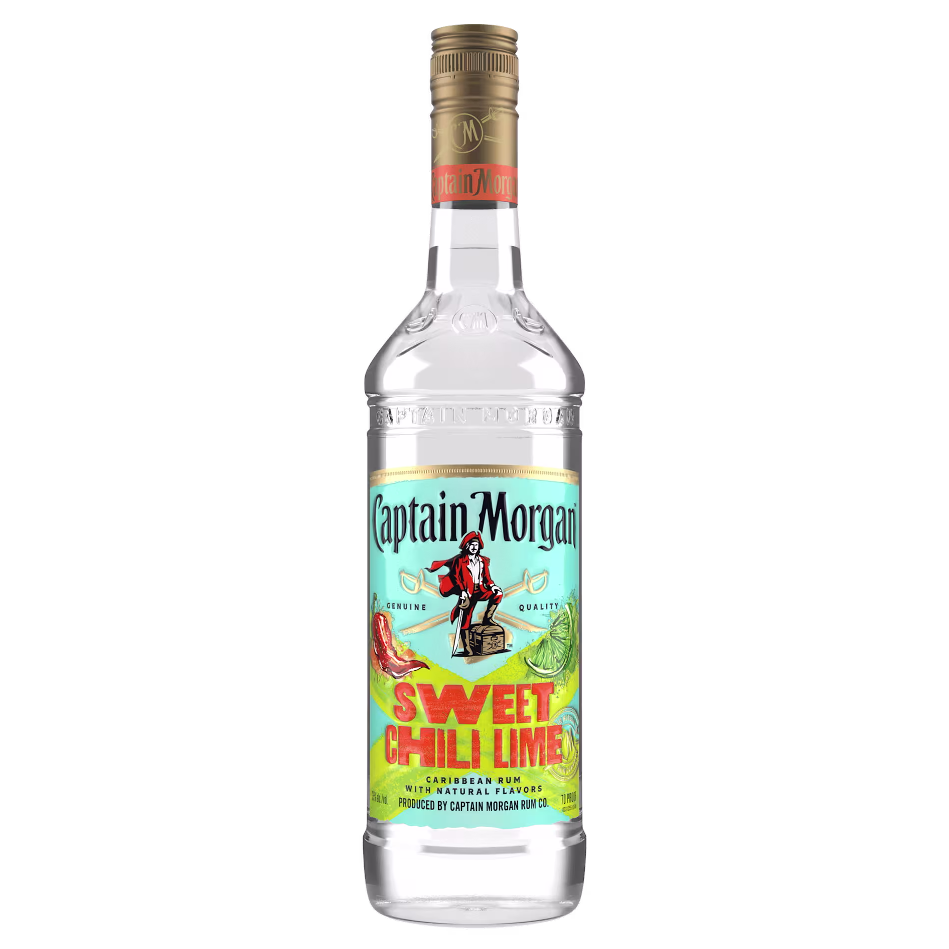 Clear glass bottle of Captain Morgan Sweet Chili Lime Caribbean rum with a colorful label featuring lime slices and red chili peppers.
