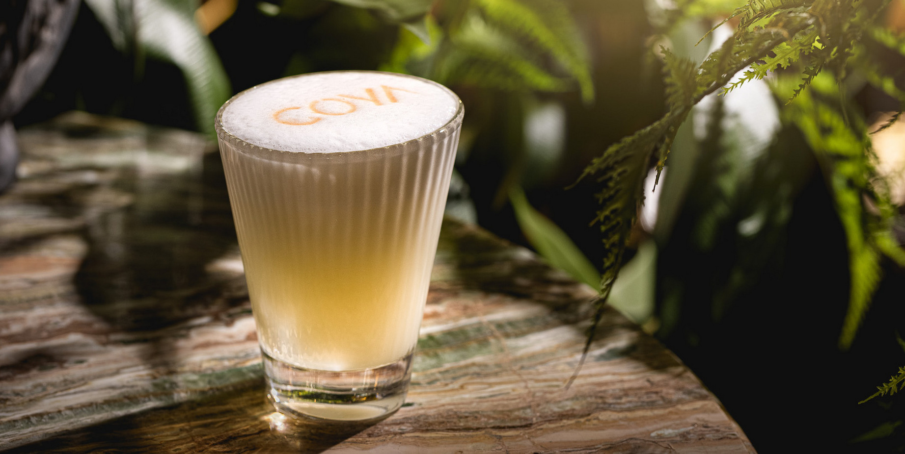 Coya Barcelona destaca por su coctelería de autor, como este cóctel elegante servido en un entorno que combina naturaleza y sofisticación.