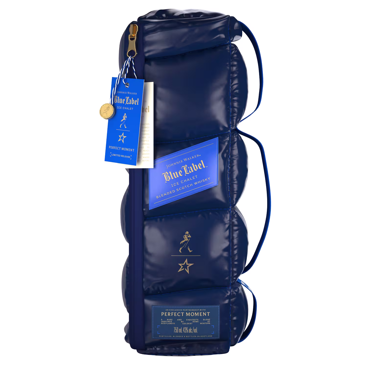 A navy blue padded bag with gold accents, featuring Johnny Walker Blue Label branding and tags, shaped to fit a bottle, with a handle and zipper closure.