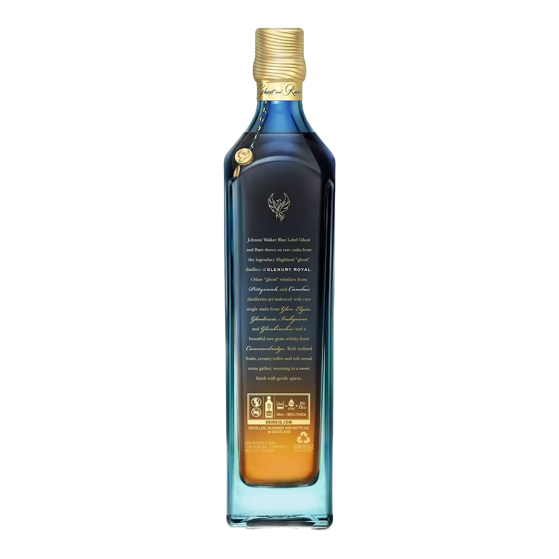 A blue bottle of Johnnie Walker Blue Label Scotch whisky, shown from the back with label text and a gold cap, on a black background.