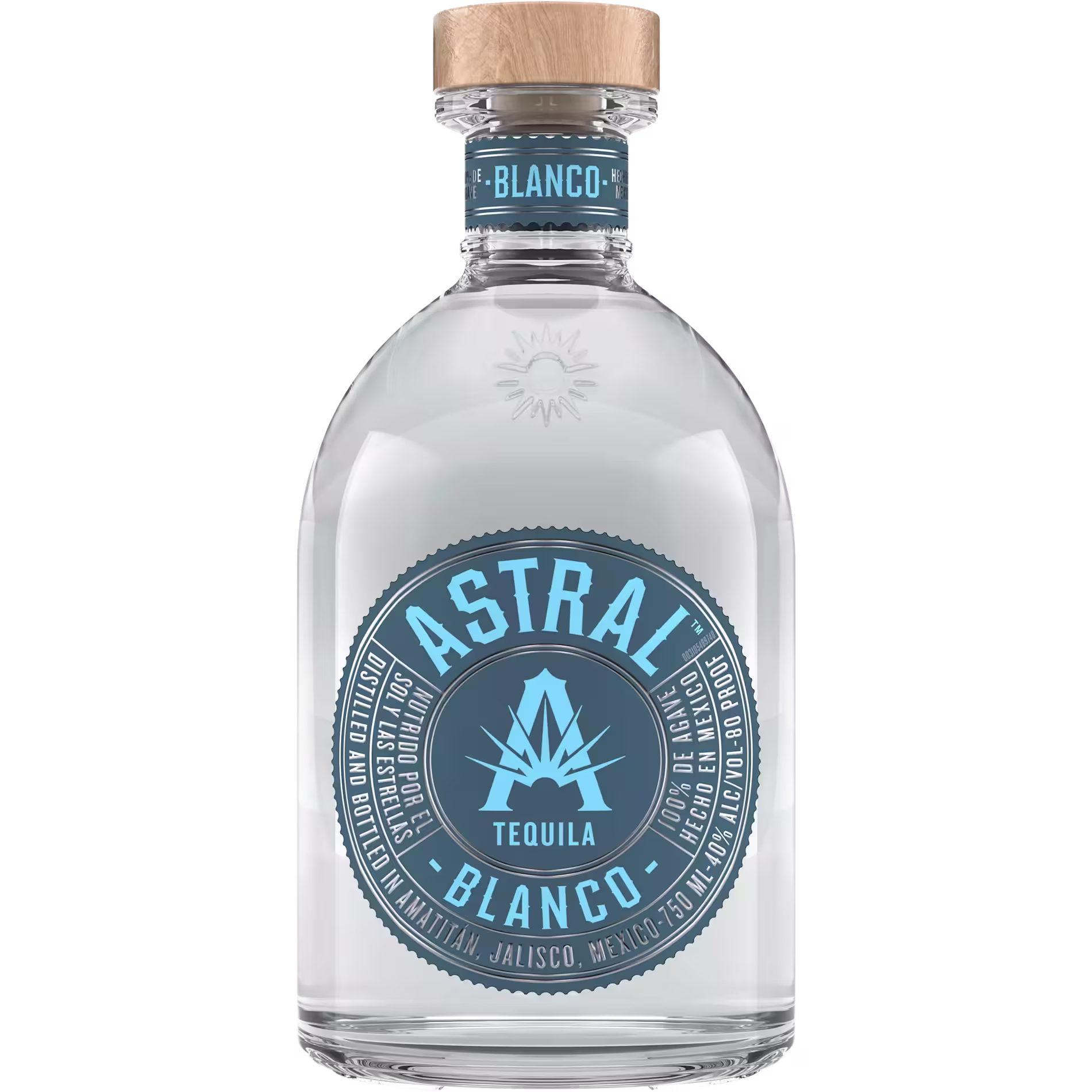 A clear glass bottle of Astral Blanco Tequila with a wooden cap and a blue label displaying brand and product details.