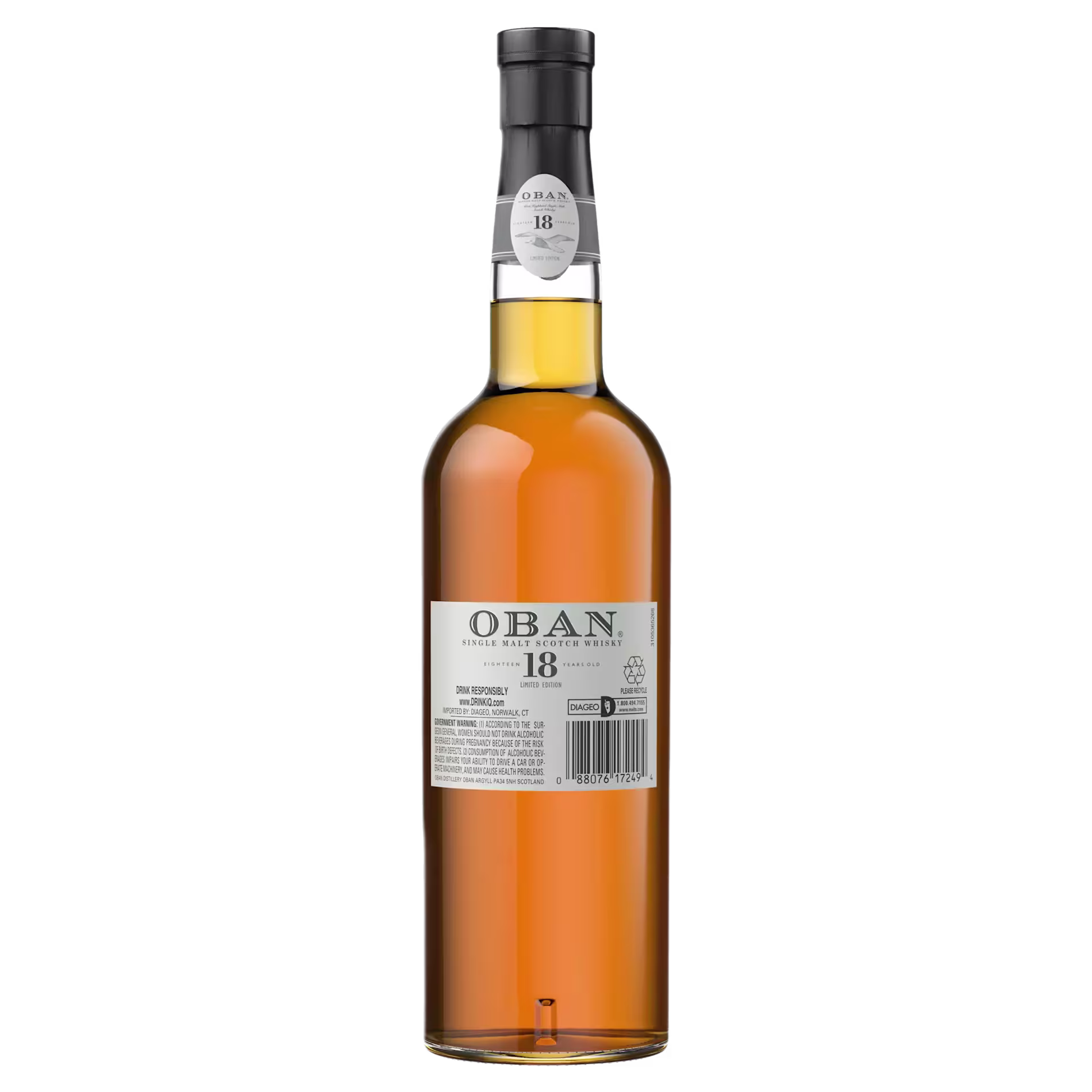 A bottle of Oban 18 Year Old Single Malt Scotch Whisky with a label displaying product details, shown against a plain black background.