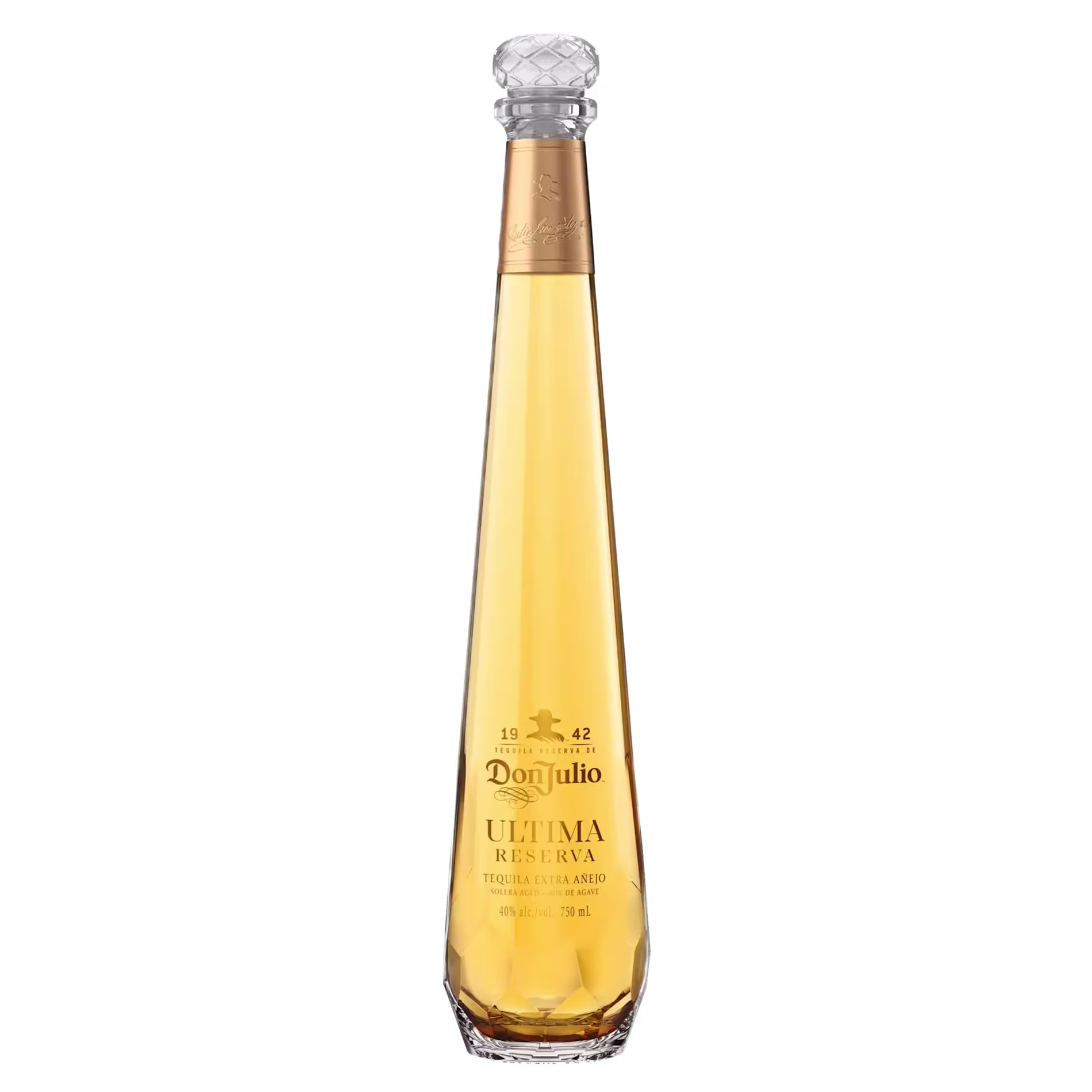 A tall, slender bottle of Don Julio Ultima Reserva Añejo Tequila with a gold label and clear, faceted cap, filled with golden-brown liquid, against a black background.