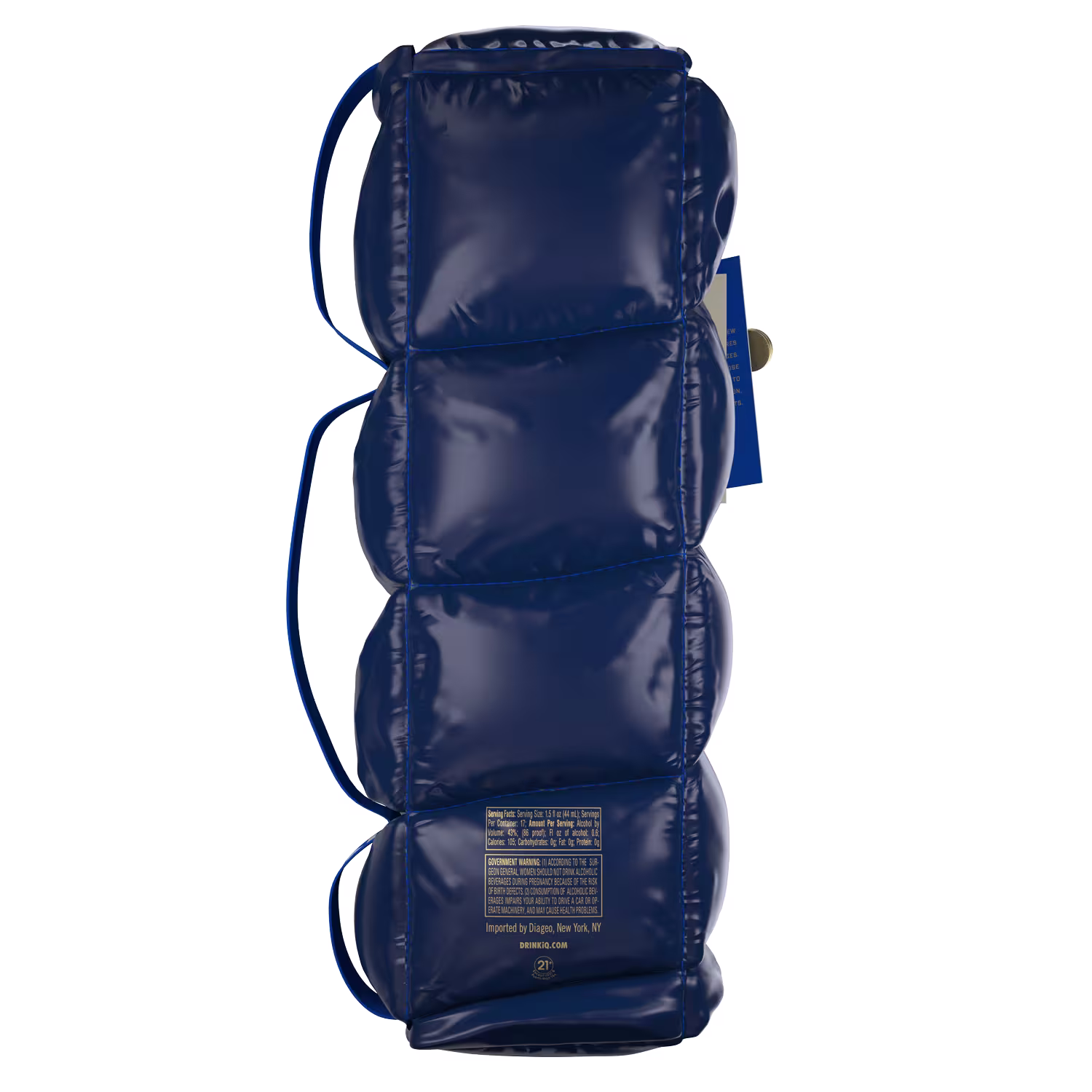 A blue, rectangular padded bag with four rounded segments, side straps, and a small gold label with text printed near the bottom.