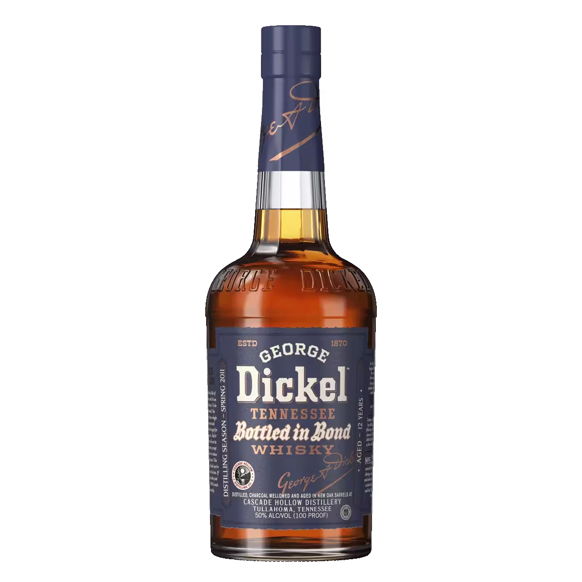A bottle of George Dickel Tennessee Bottled in Bond Whisky with a blue and gold label, displayed against a black background.