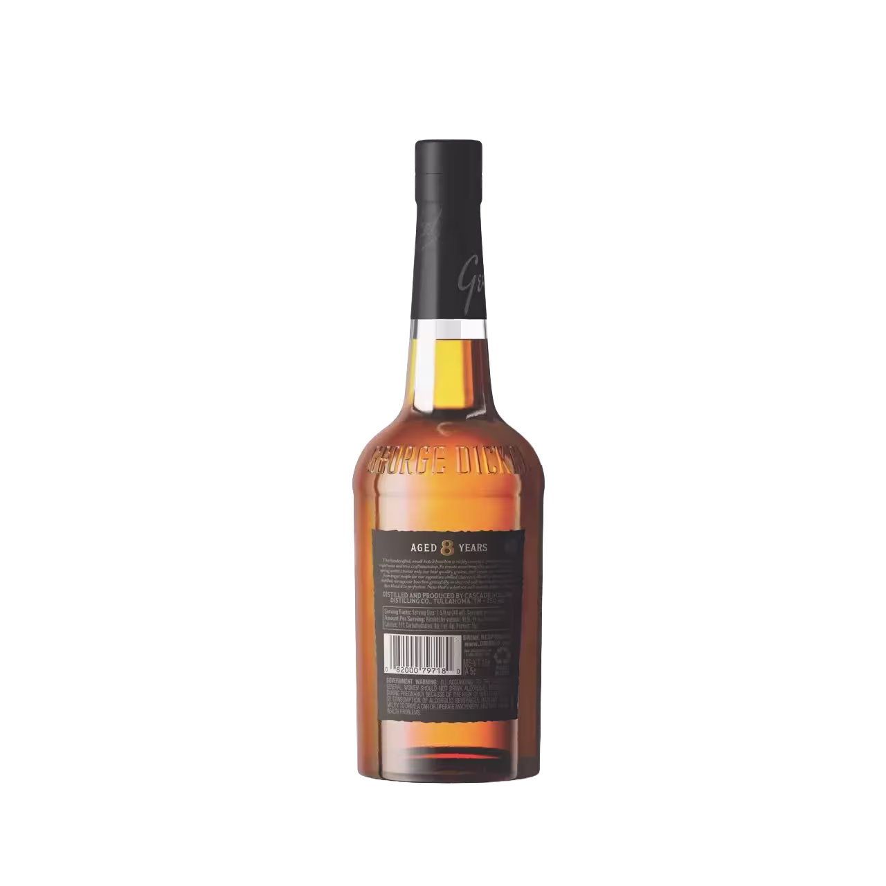 A bottle of whiskey with a black label and cap, shown from the back to display the barcode and product information.