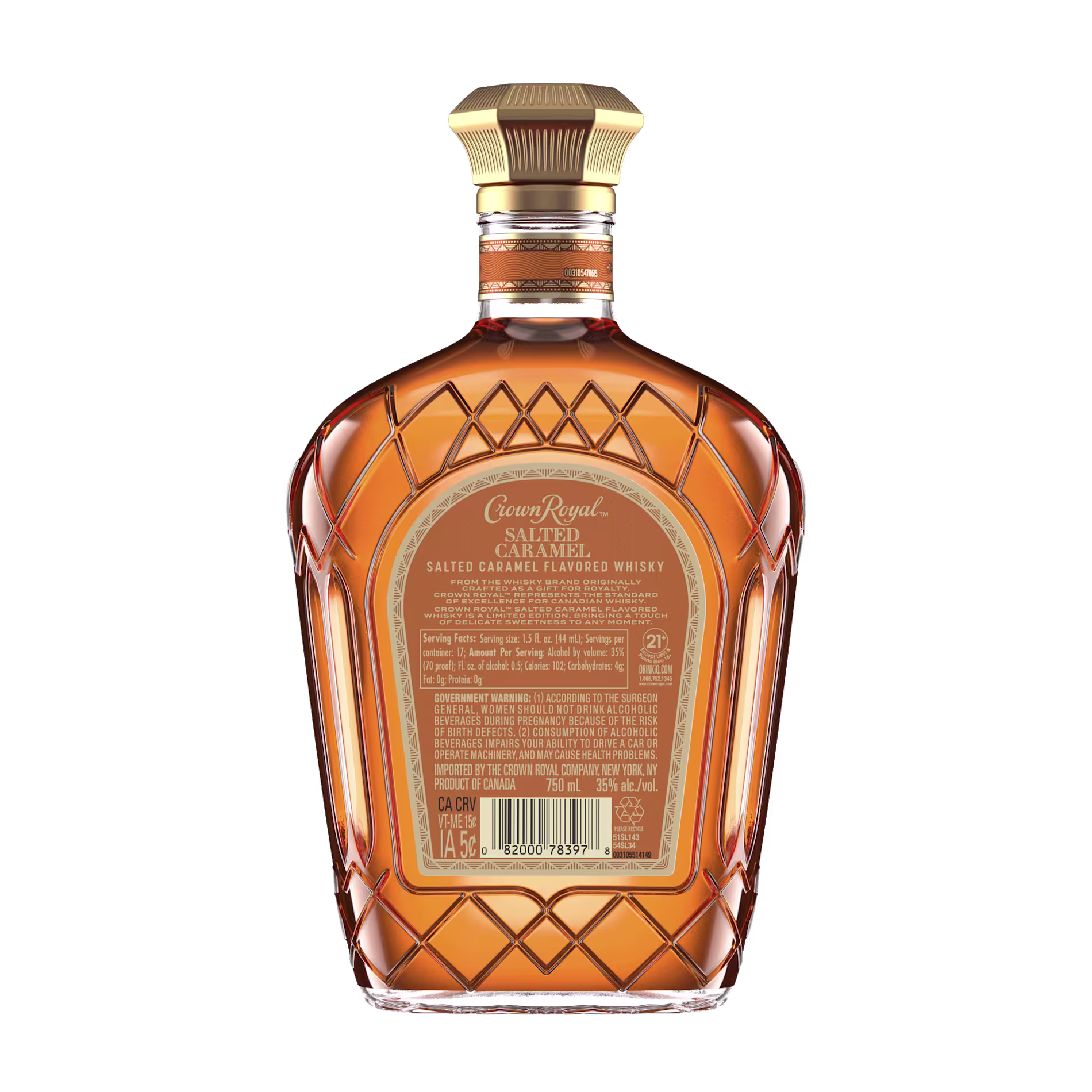 A bottle of Crown Royal Salted Caramel flavored whisky shown from the back, displaying the product label and amber liquid inside a decorative glass bottle.