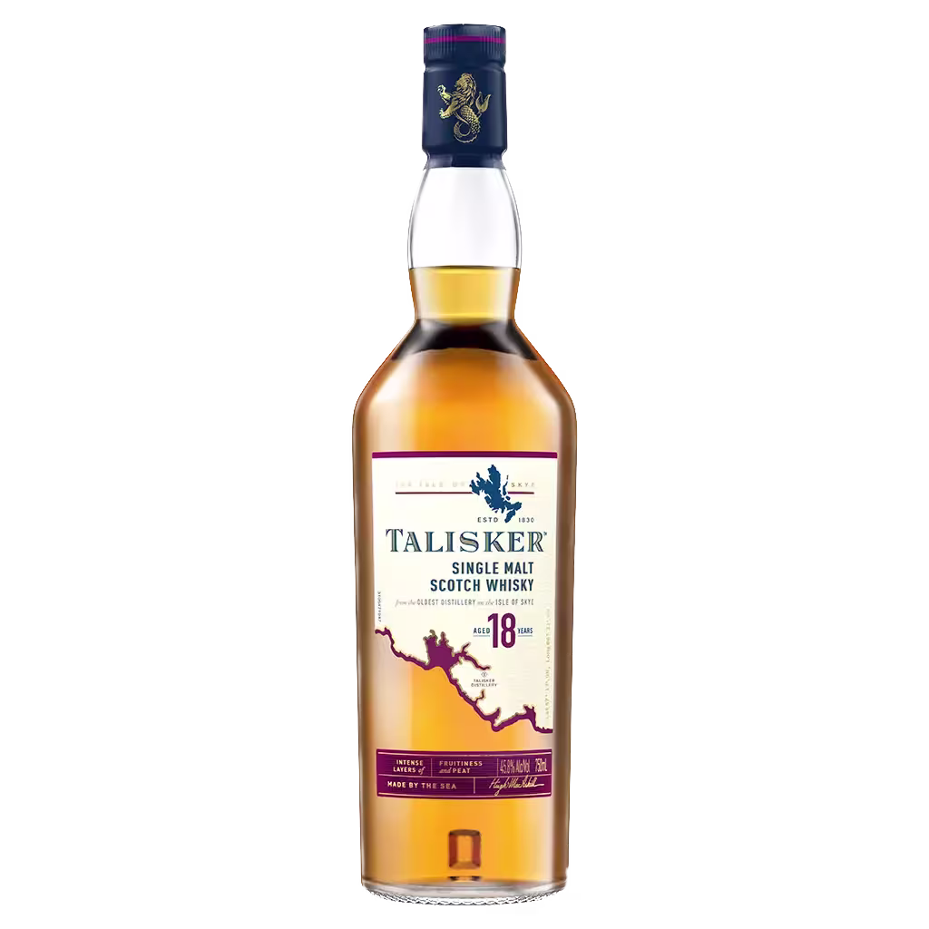 A bottle of Talisker 18 Year Old Single Malt Scotch Whisky with a dark blue cap and a cream label displaying brand and age information.